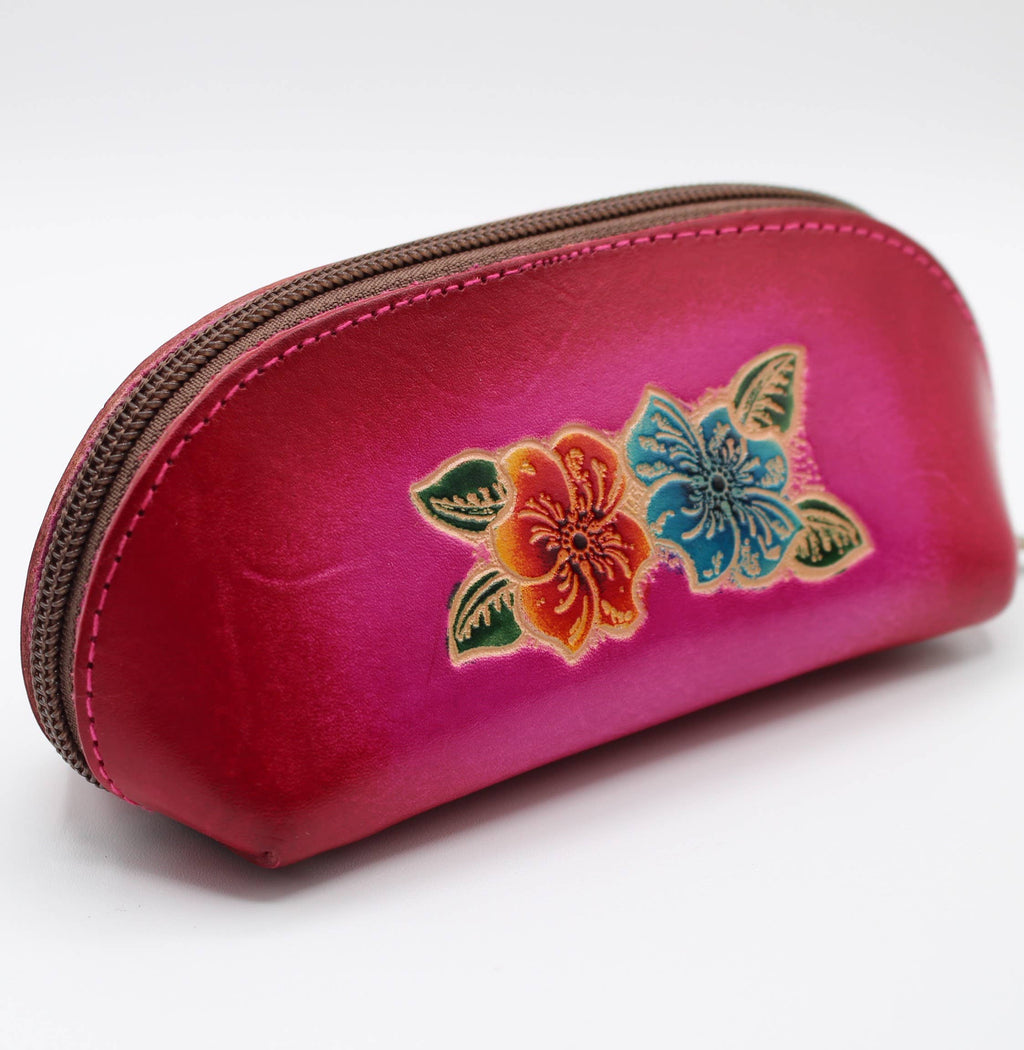 Leather eyeglasses sunglasses cosmetic case hibiscus flower