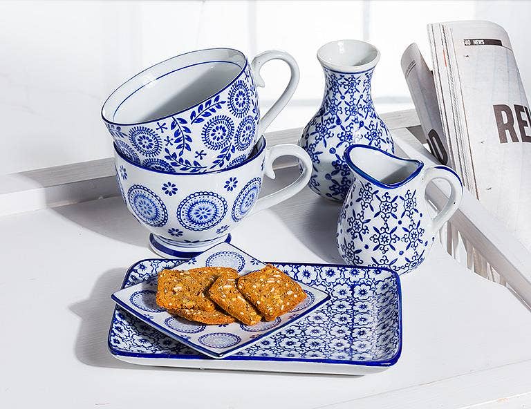 Blu/Wht Handled Jug-6Asst-3.5"H(4oz-1484