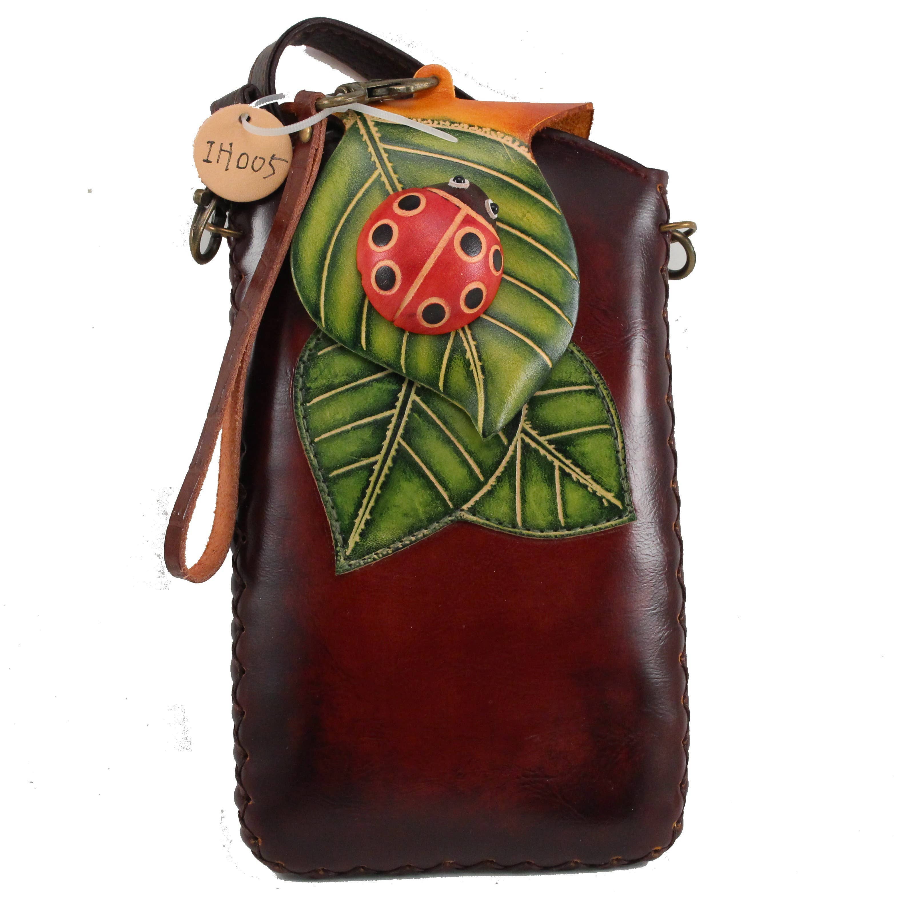Ladybug on Leaf Handmade Leather Cell Phone Case