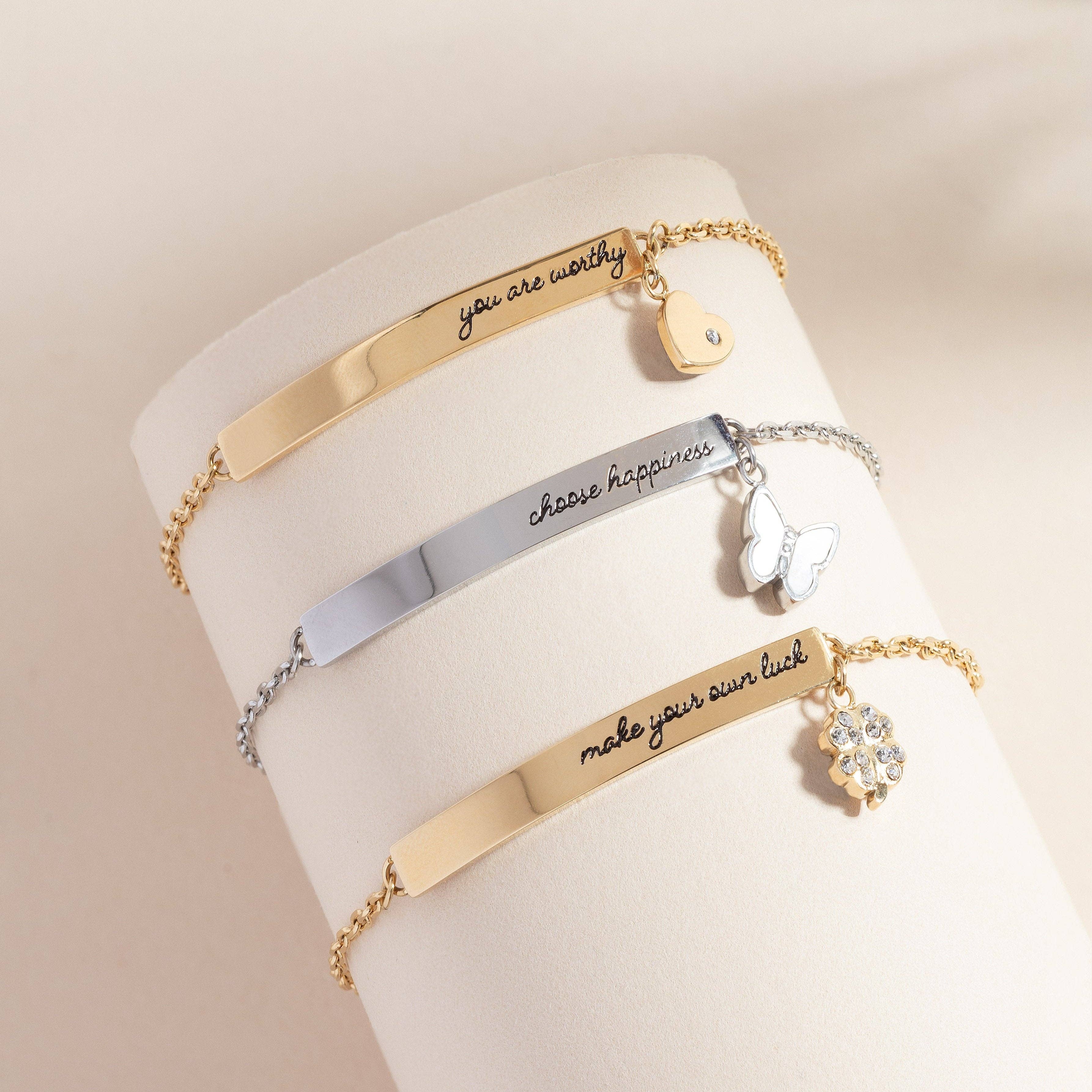 “Choose Happiness” Inline Bracelet: Stainless Steel Silver