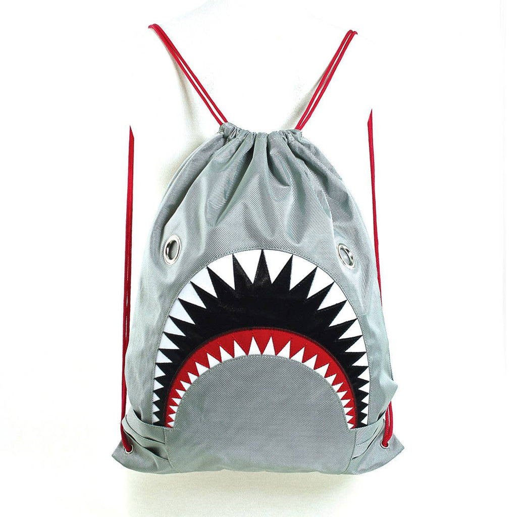 Unisex Water Resistant Nylon Shark Bite Jaws Drawstring Knap Sack Back Pack (Grey)