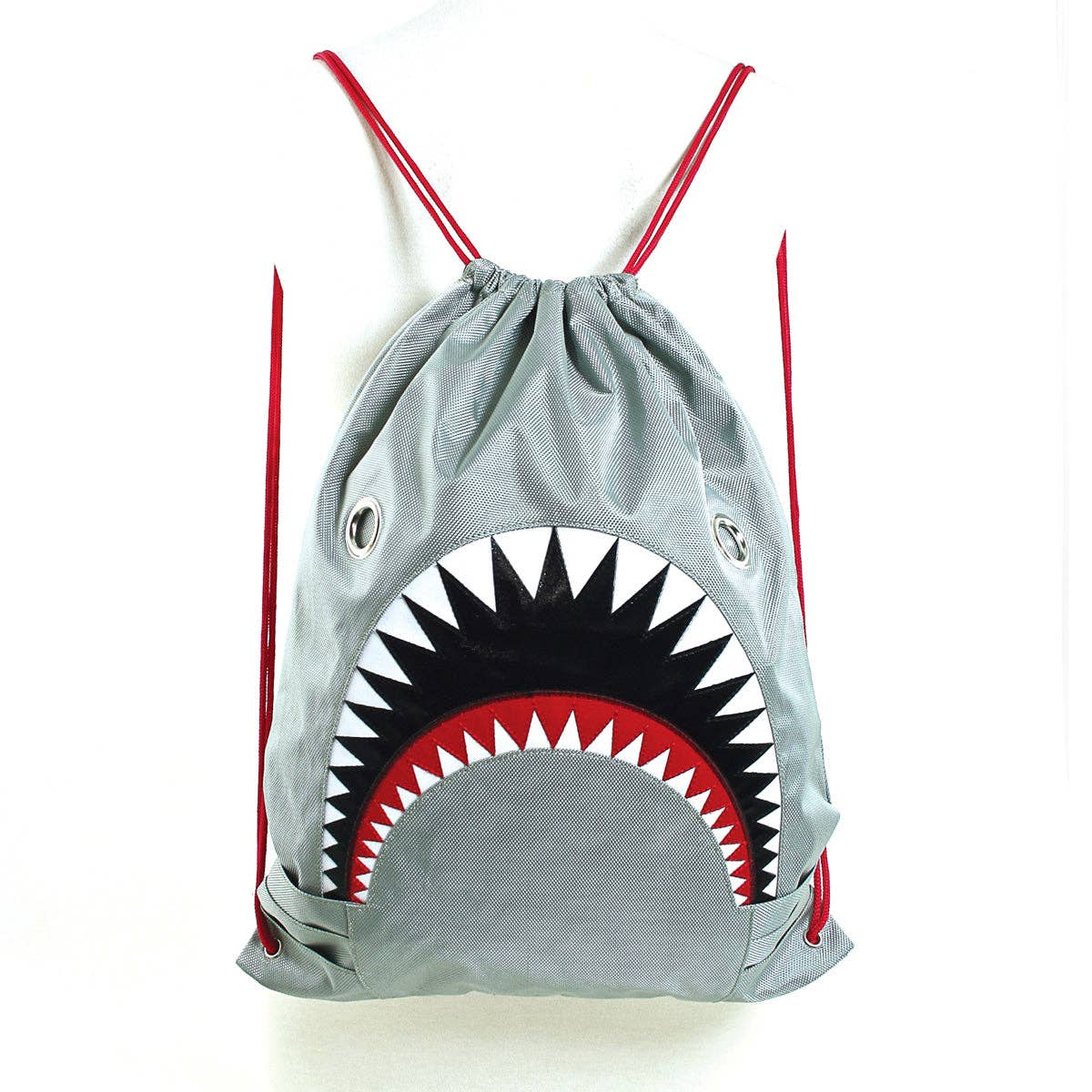 Unisex Water Resistant Nylon Shark Bite Jaws Drawstring Knap Sack Back Pack (Grey)