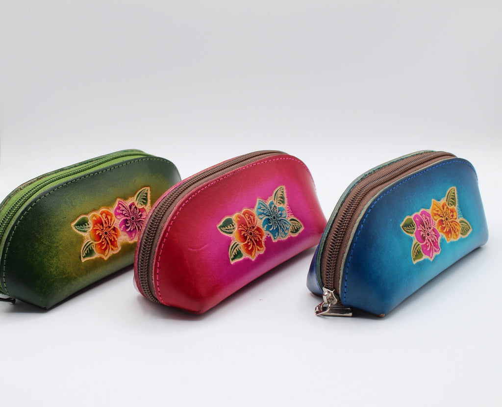 Leather eyeglasses sunglasses cosmetic case hibiscus flower