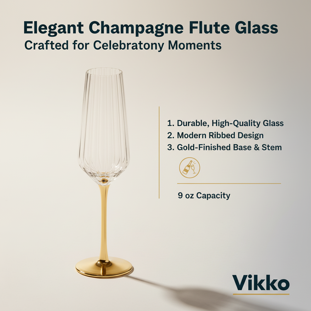 Vikko - Decor, Elegant, Champagne Flute Glass, Gold, 9 oz
