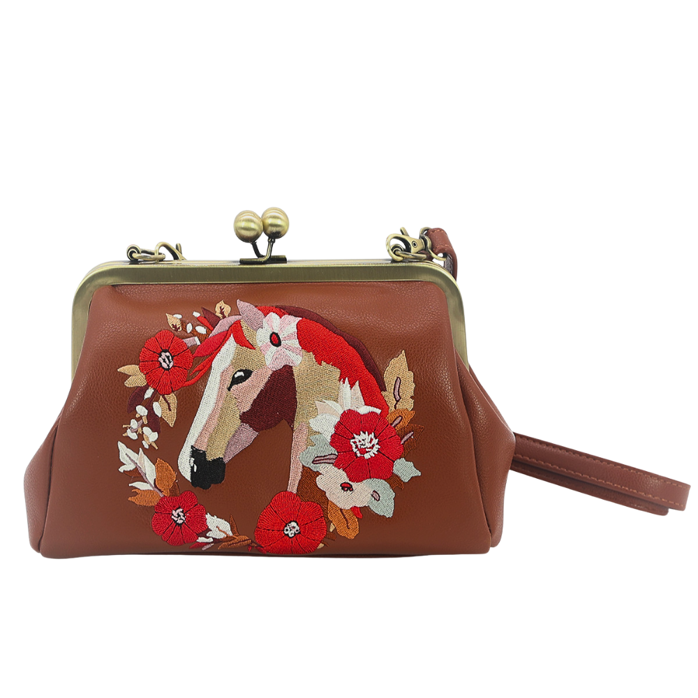Floral Wreath Horse Kisslock Bag in Vinyl: Red