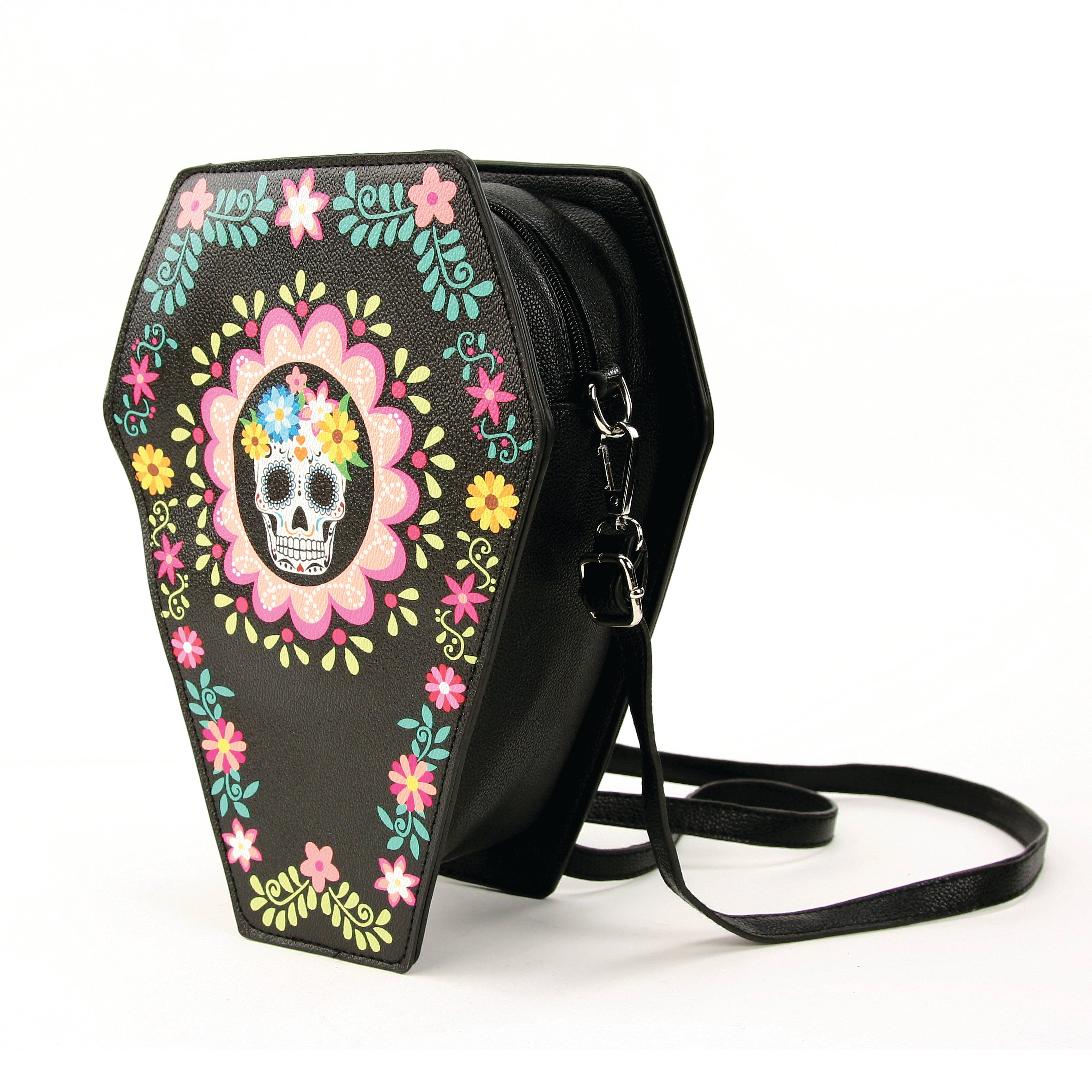 Sugar Skull Coffin Convertible Crossbody Bag Backpack in Vinyl Material