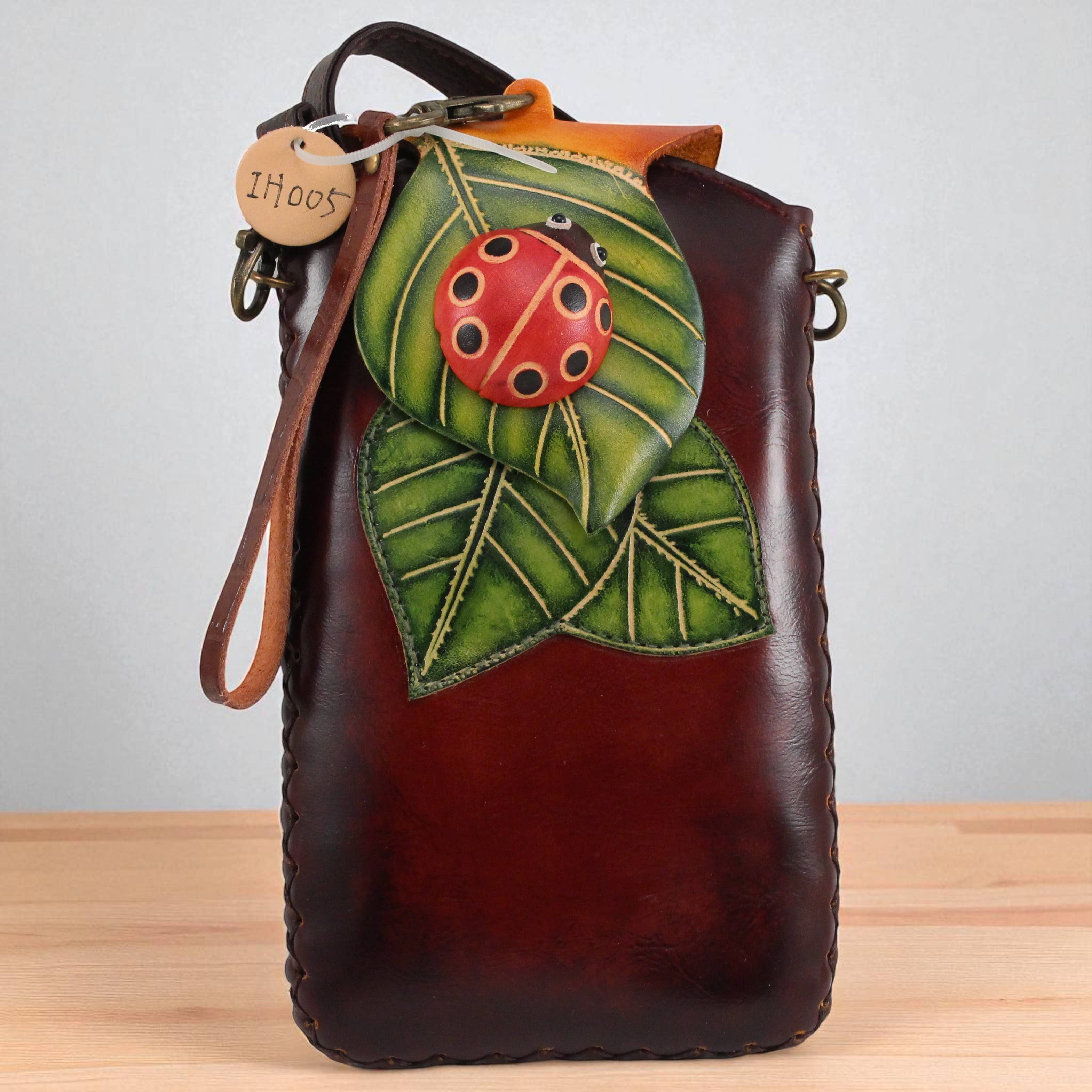 Ladybug on Leaf Handmade Leather Cell Phone Case