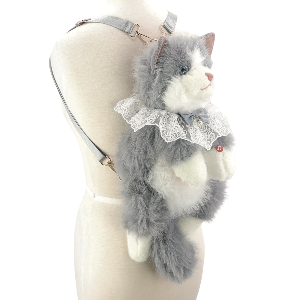 Cute Cat Plush Backpack in Polyester: White+Grey