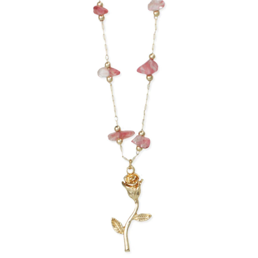 Sweet Vintage Gold Rose Quartz Flower Necklace