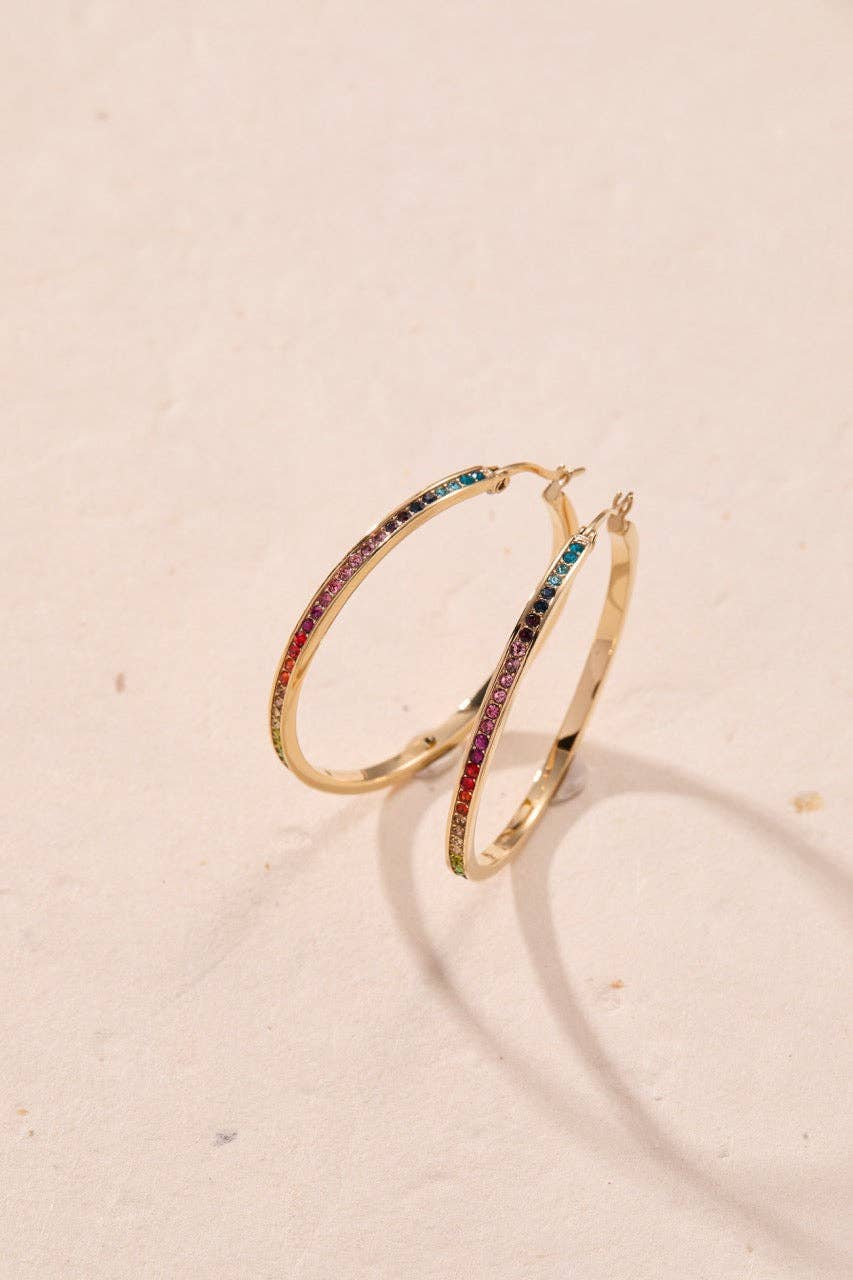 Rainbow Ombre Pave Hoop: Stainless Steel Gold
