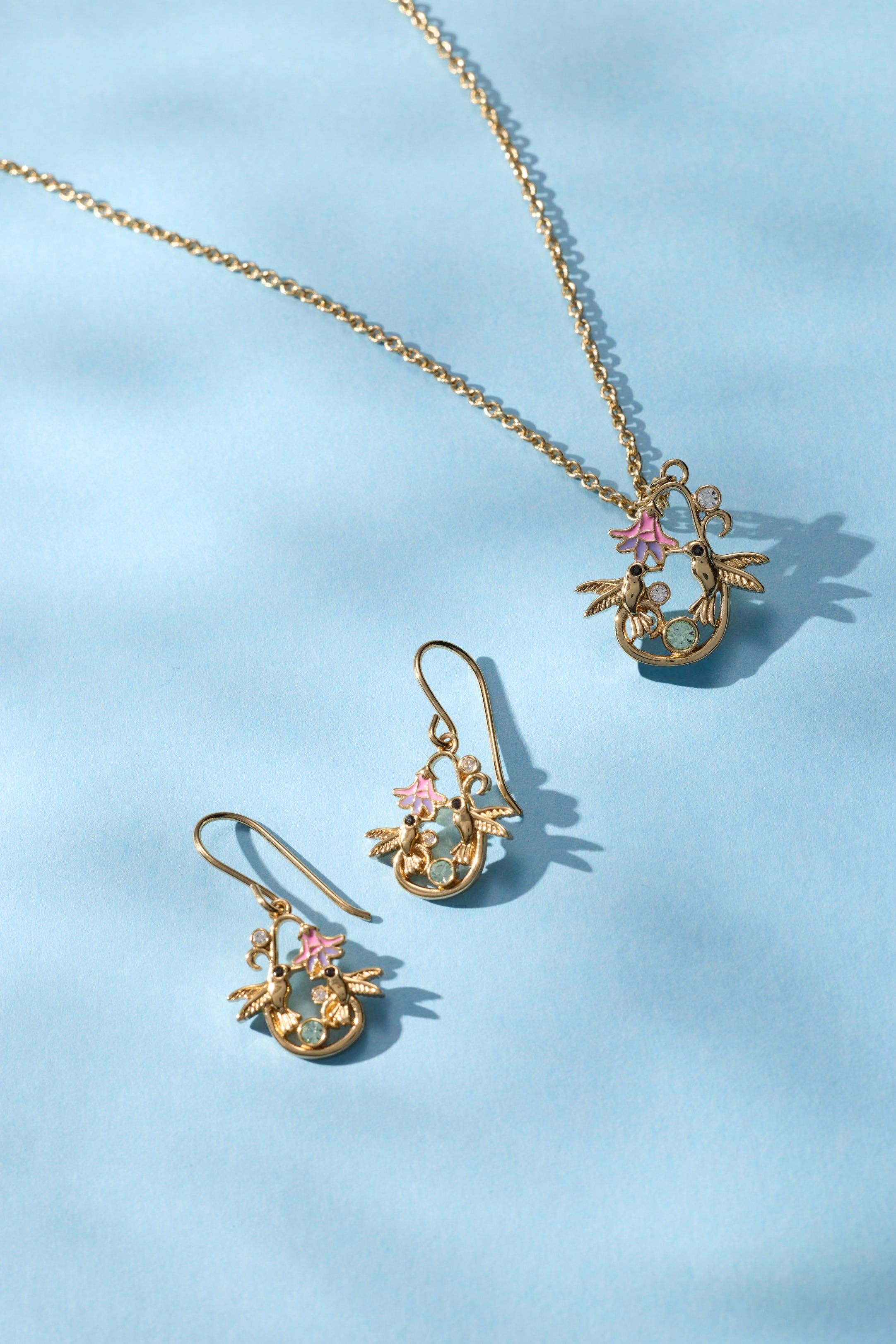 'Birds of a Feather' Hummingbird Enamel Drop Earring: Gold