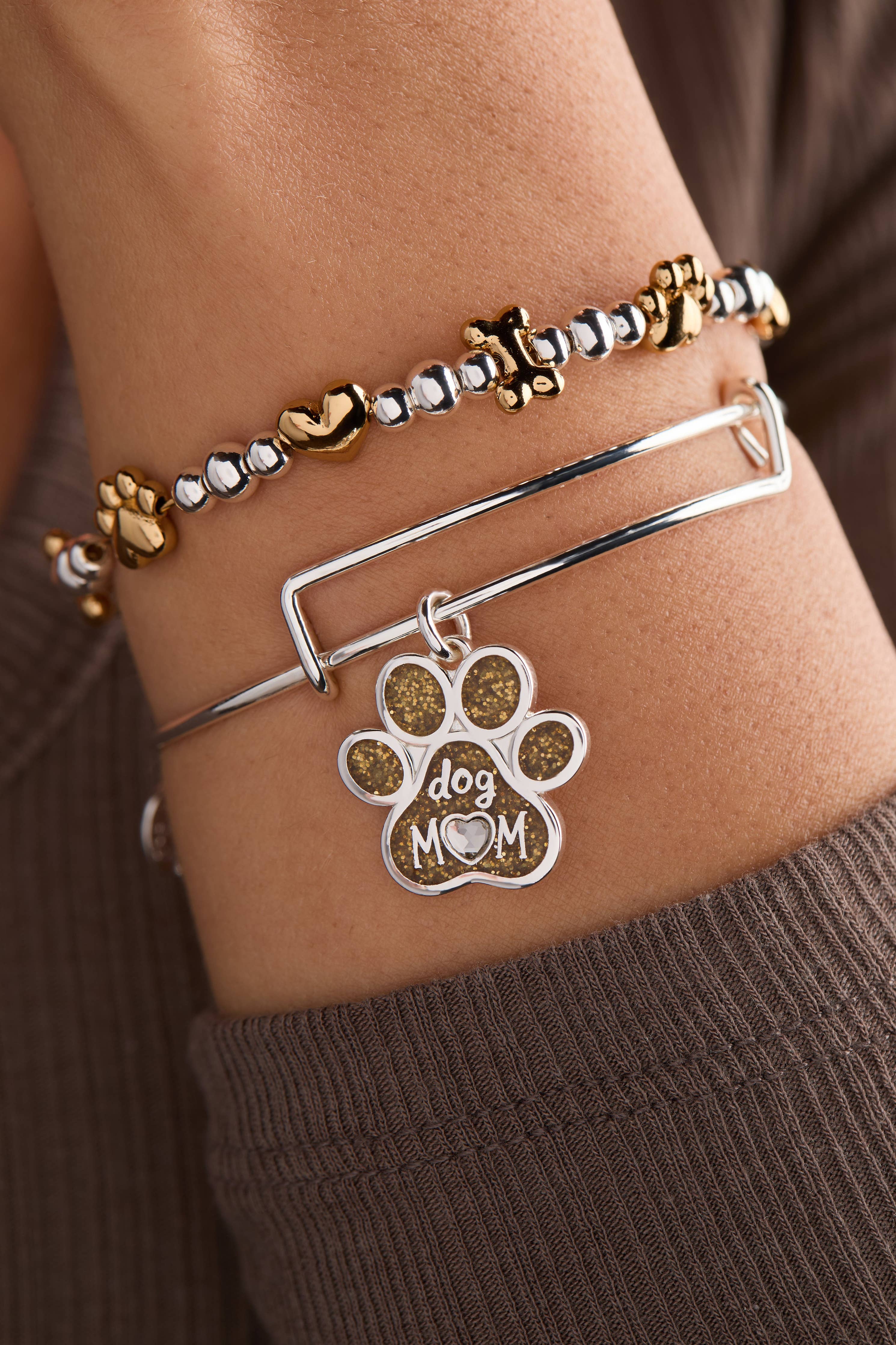 Dog Mom Charm Bangle: Silver