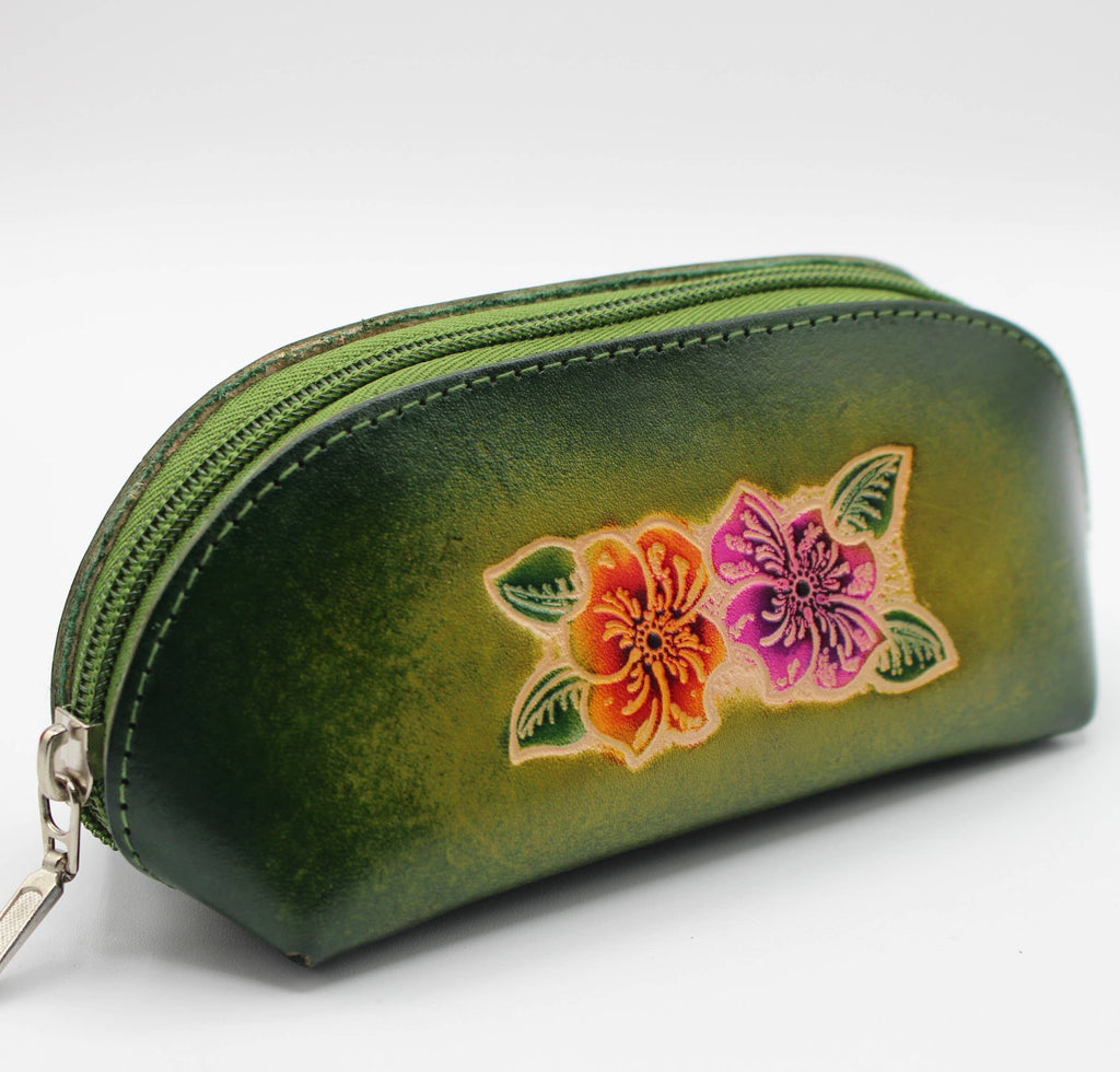 Leather eyeglasses sunglasses cosmetic case hibiscus flower