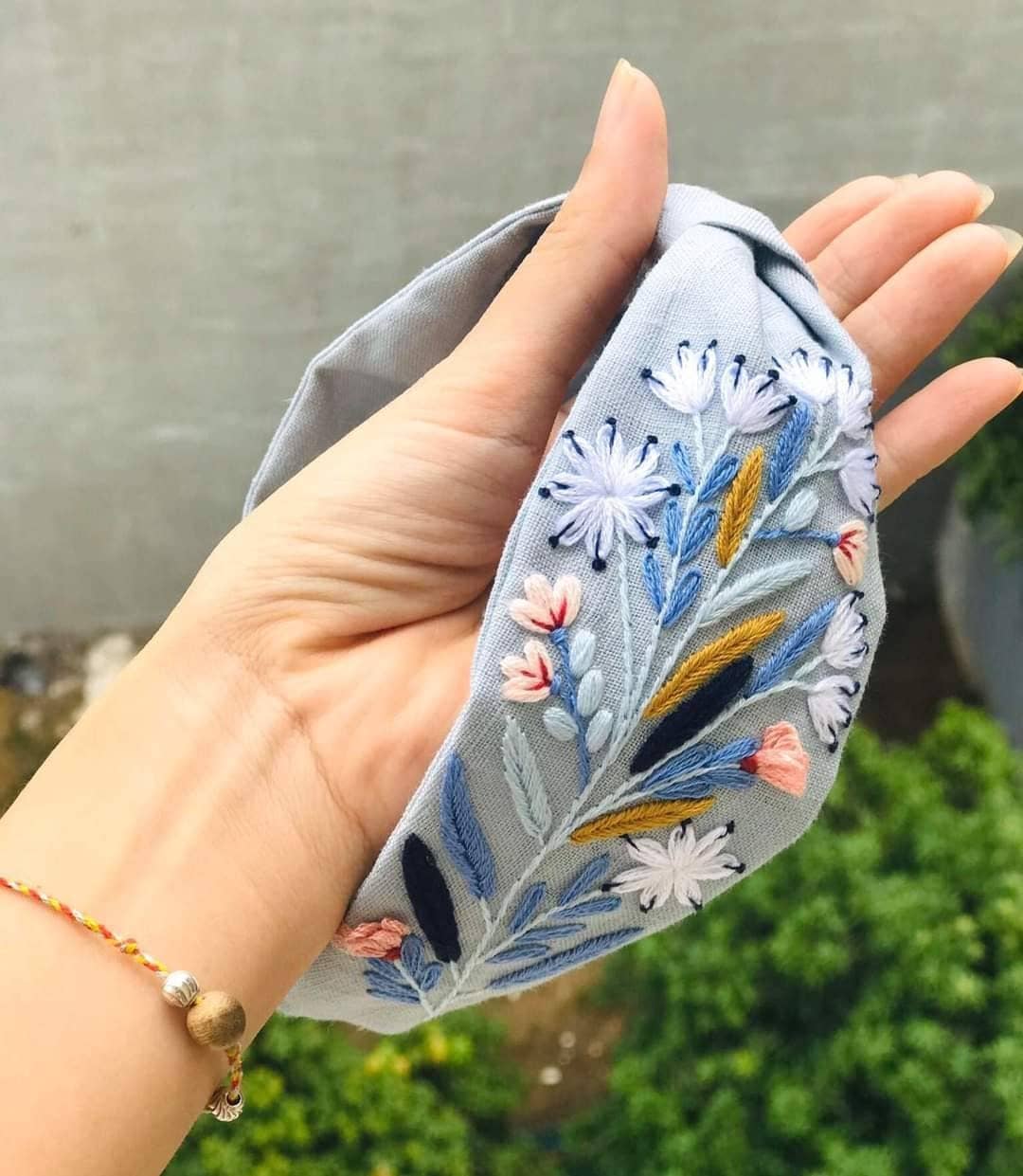 Floral Embroidered Linen Knot Turban, Camilia Collection ✅: 2.Blue Gerbera Daisy