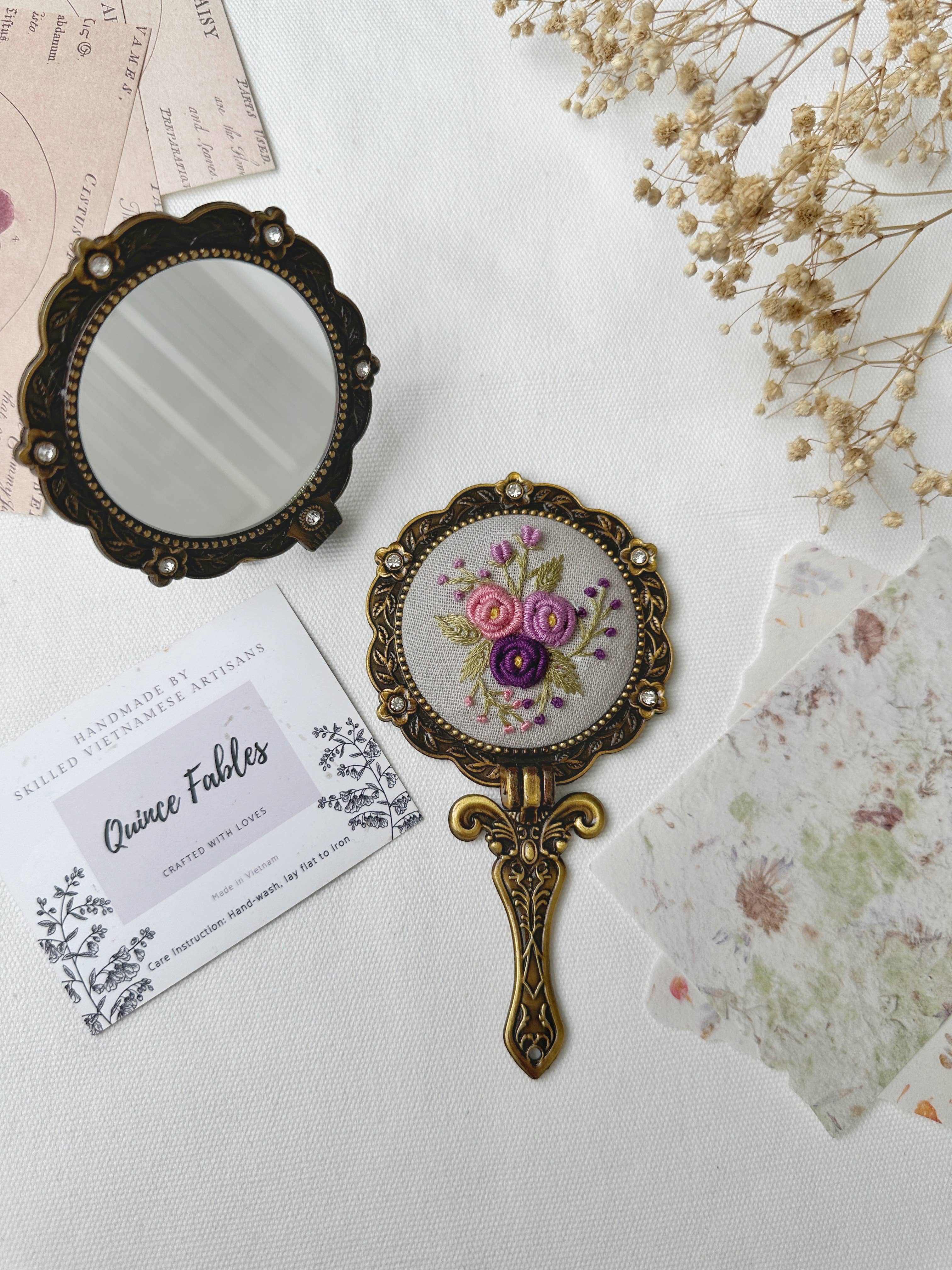 Floral Embroidered Round Folding Mirror, Collection Aura✅: 3. Cream