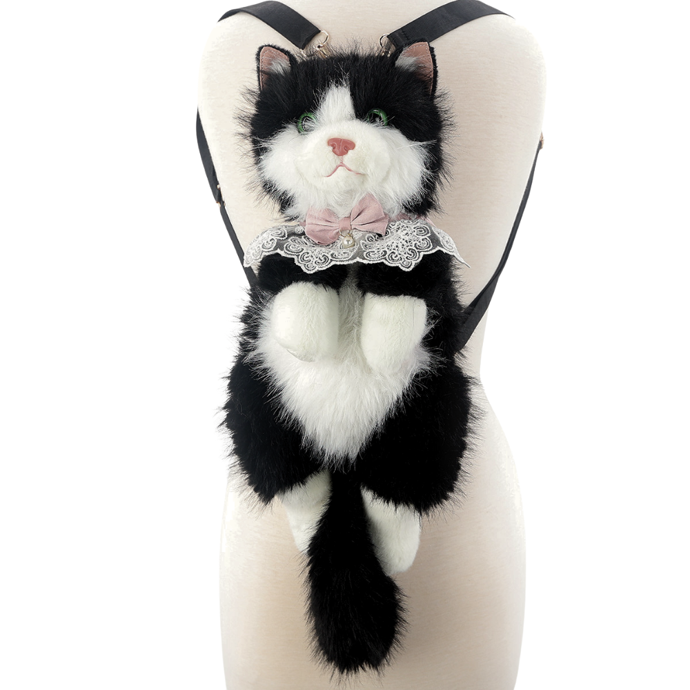 Cute Cat Plush Backpack in Polyester: White+Grey