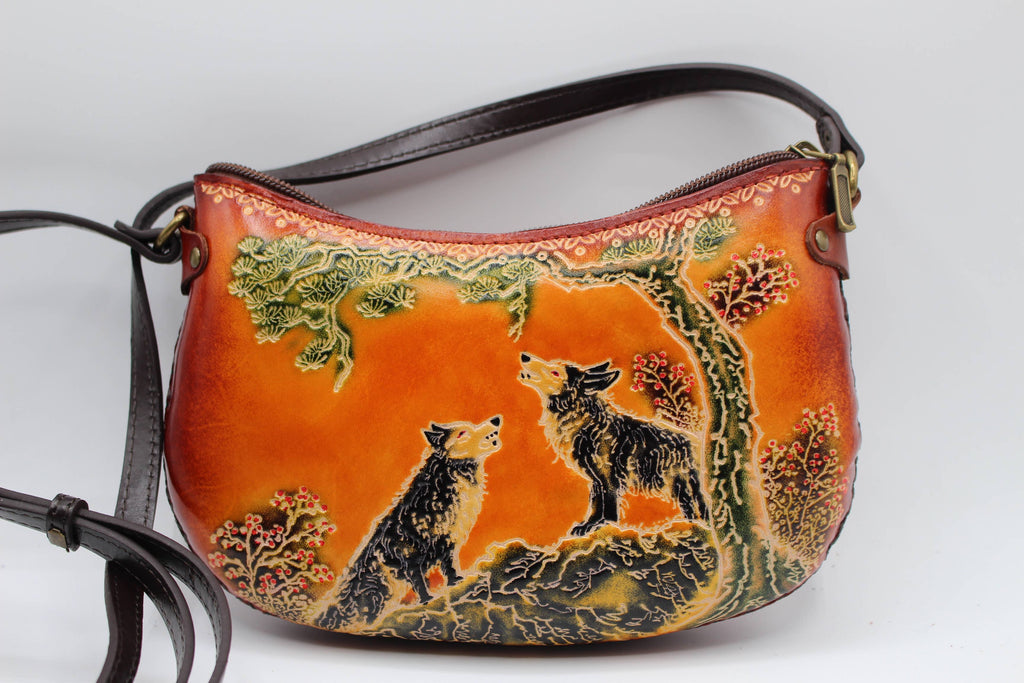 Leather wolf purse crossbody curvy shape  phone bag