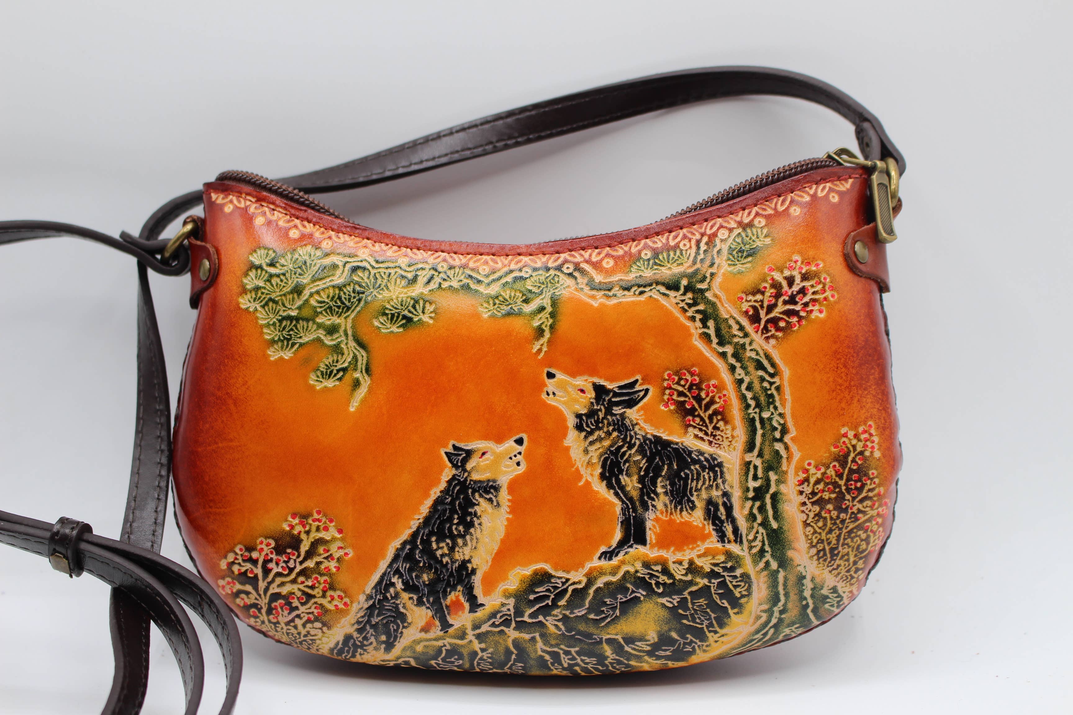 Leather wolf purse crossbody curvy shape  phone bag