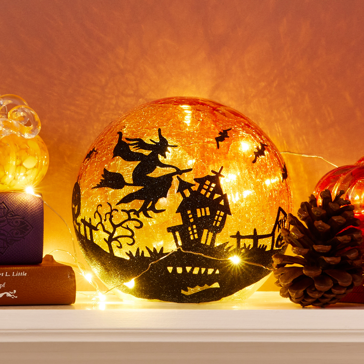 Flying Witch LED Crackle Glass Halloween Globe