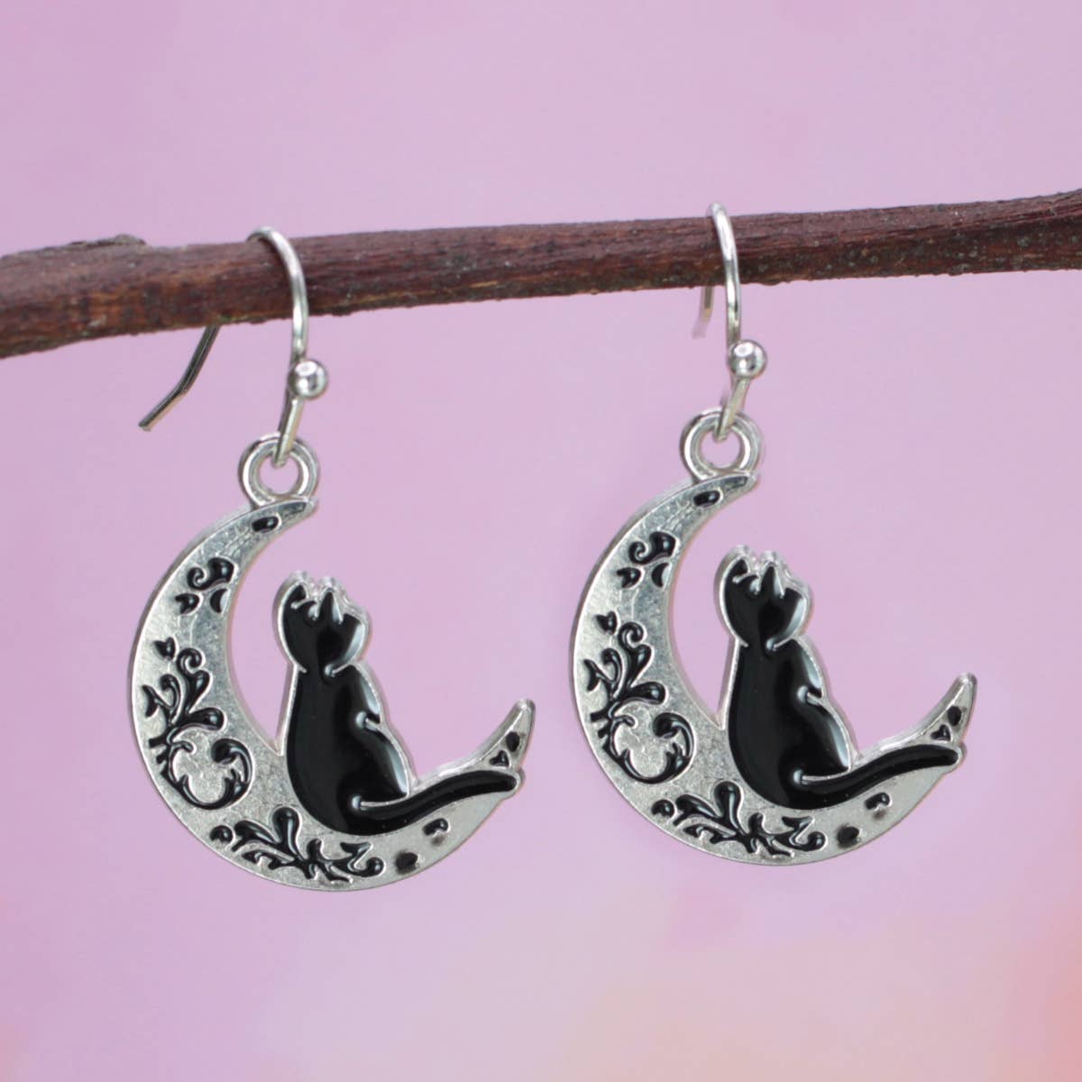 Feline Dreams Silver Moon Black Cat Earrings