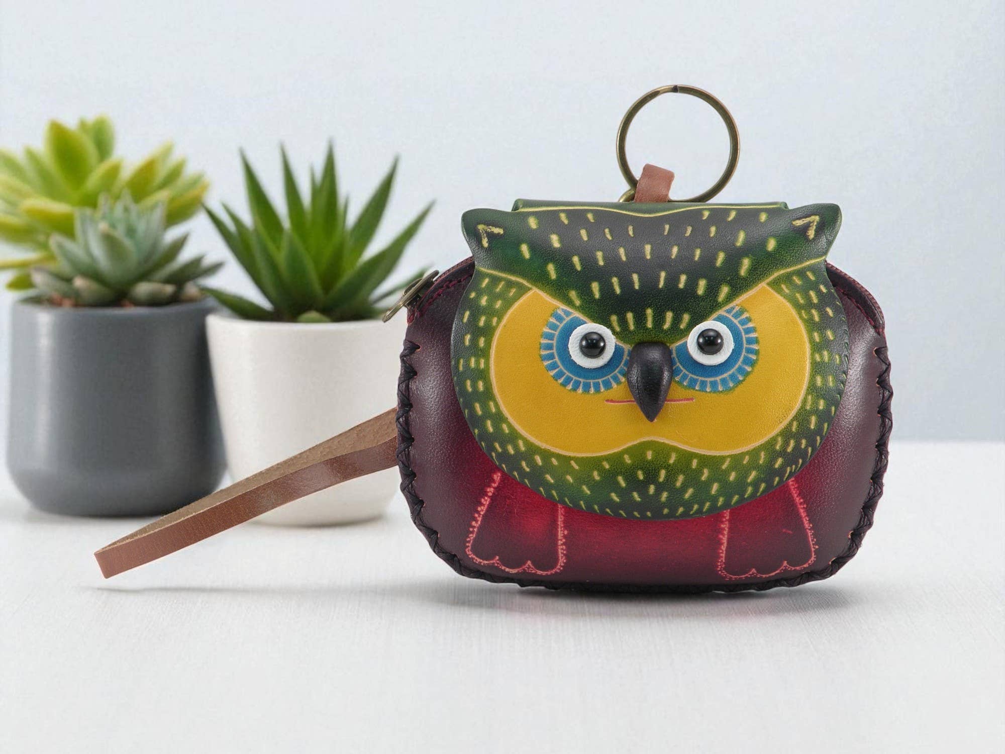 Handmade leather Owl Wristlet coin purse wallet