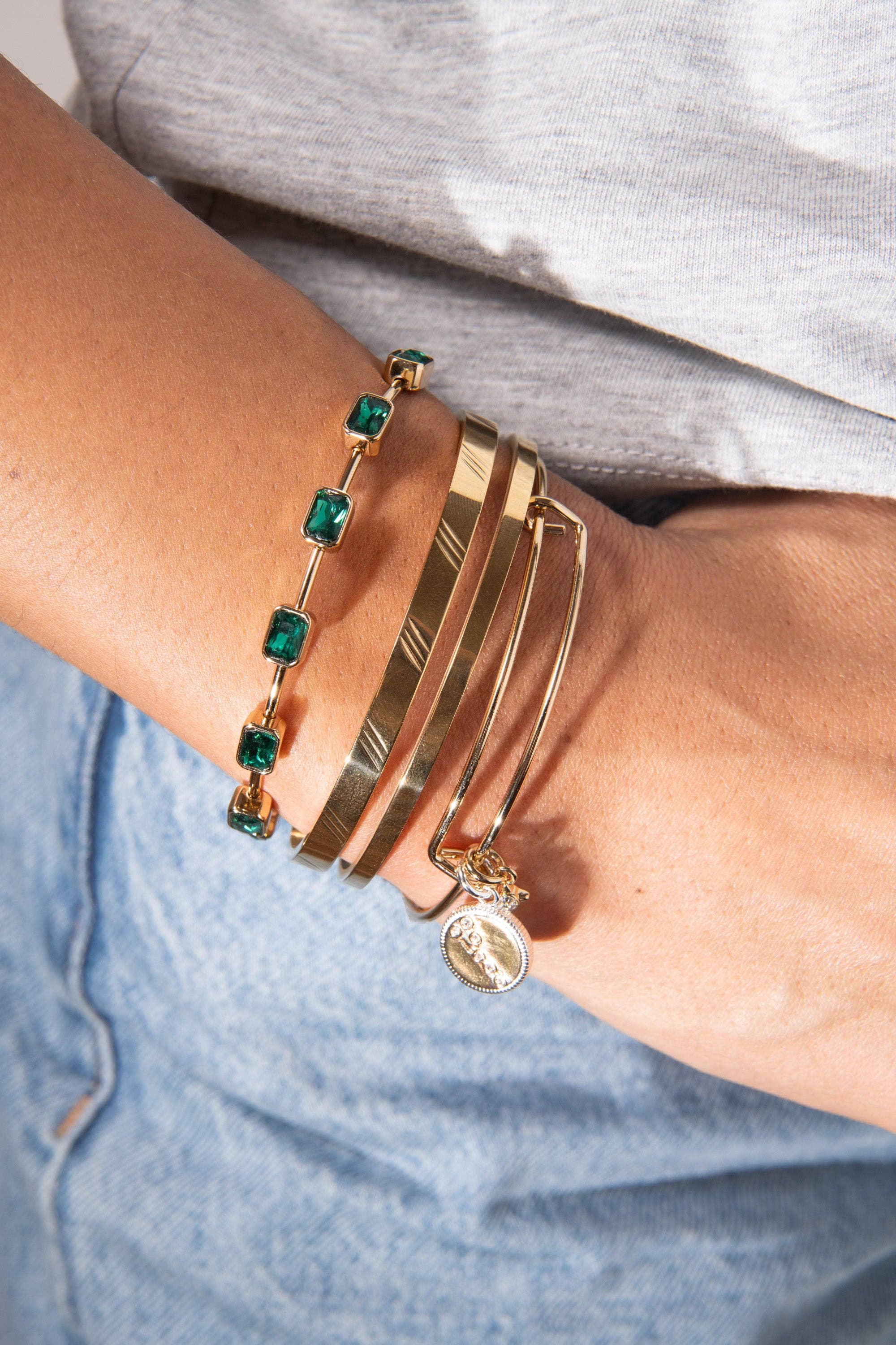 May Birthstone Emerald Cut Bangle: Silver