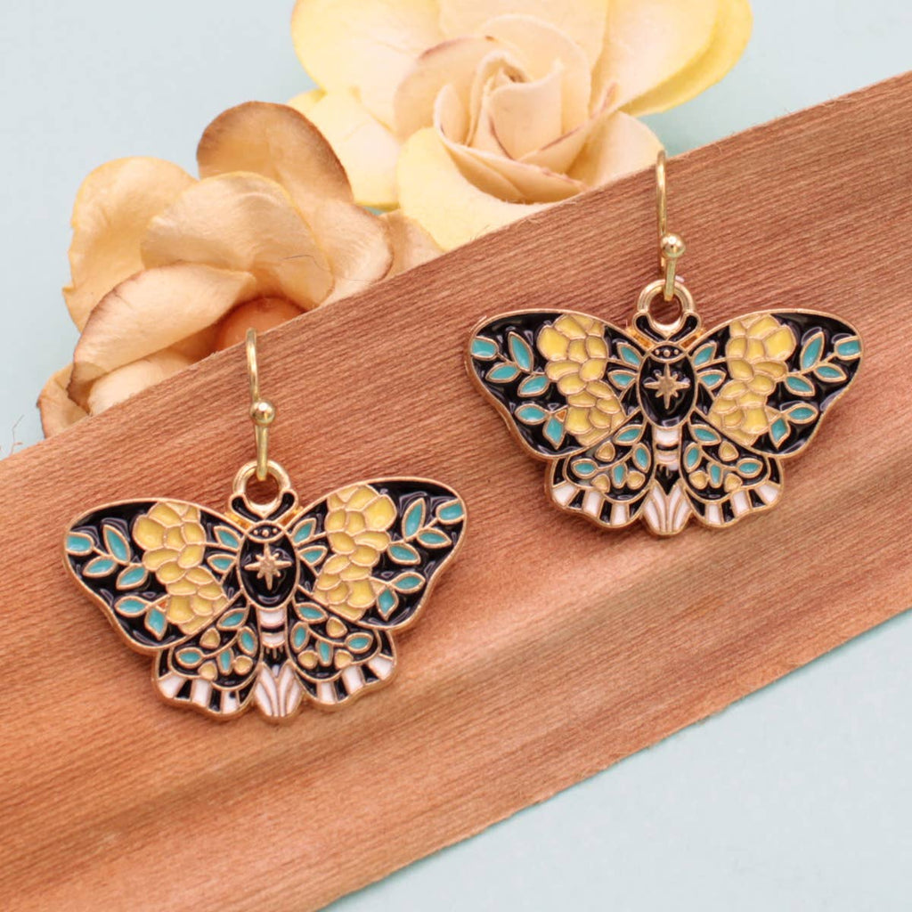 Yellow Black Enamel Moth Earrings