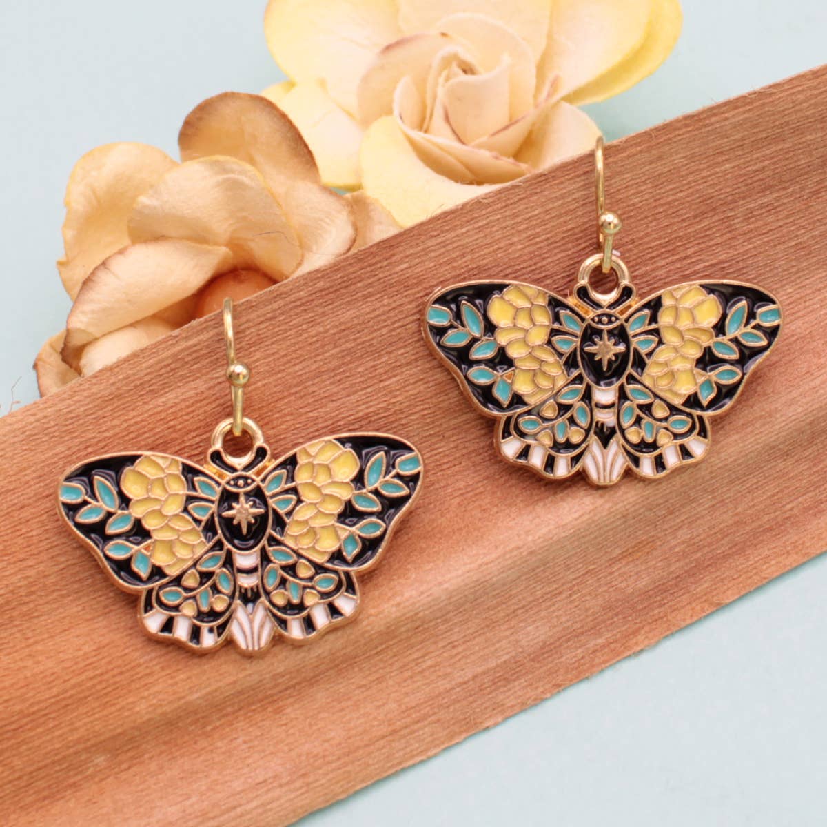 Yellow Black Enamel Moth Earrings