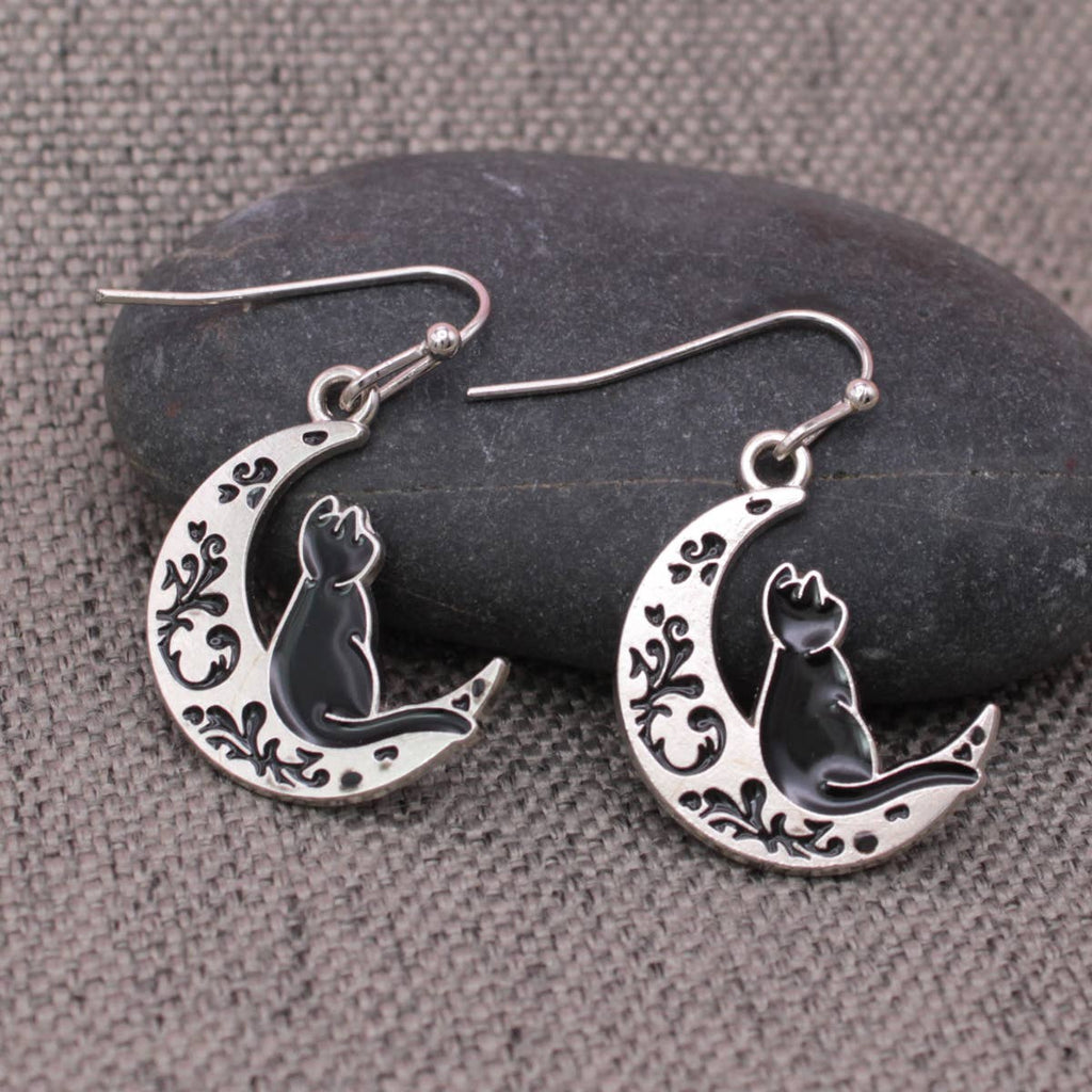 Feline Dreams Silver Moon Black Cat Earrings