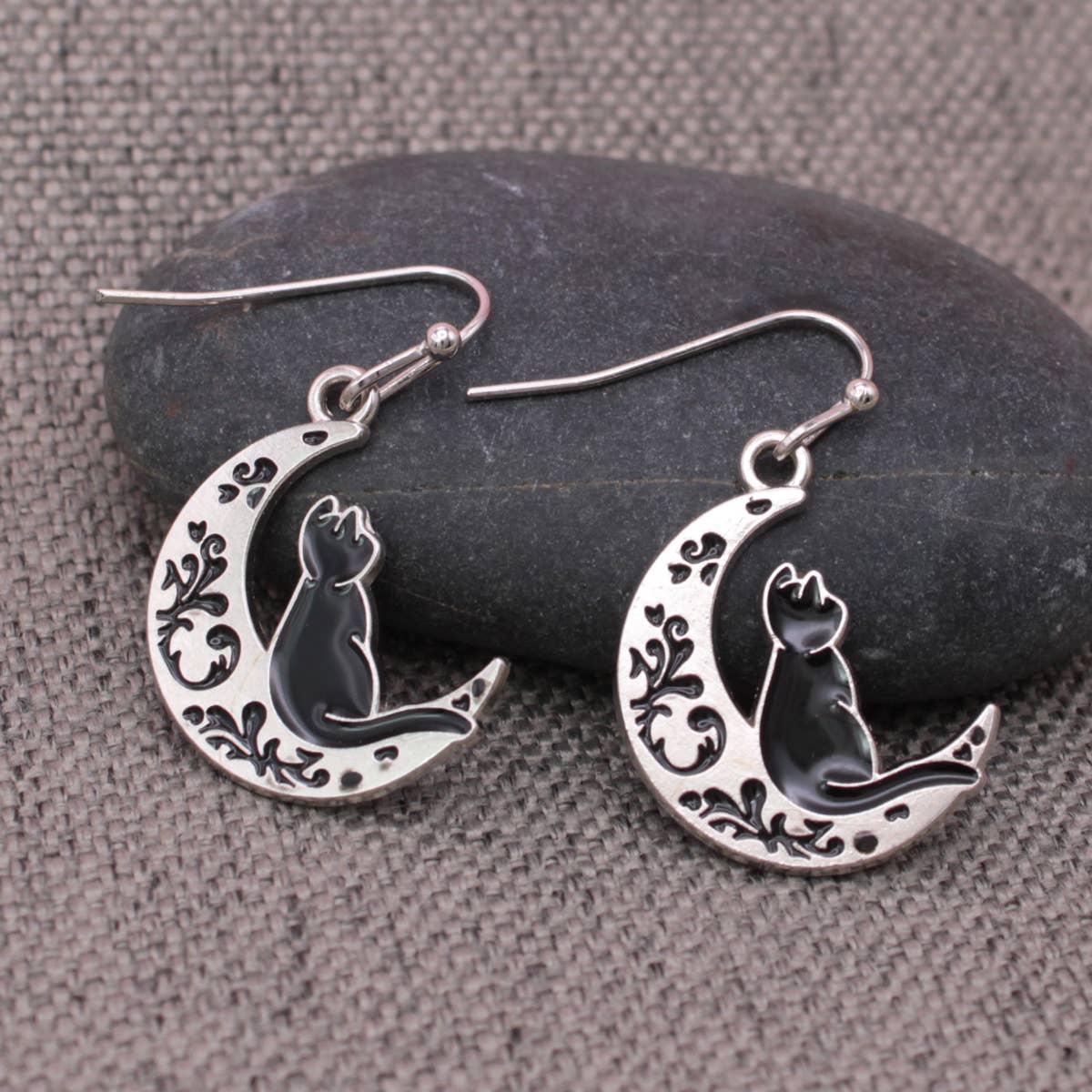 Feline Dreams Silver Moon Black Cat Earrings