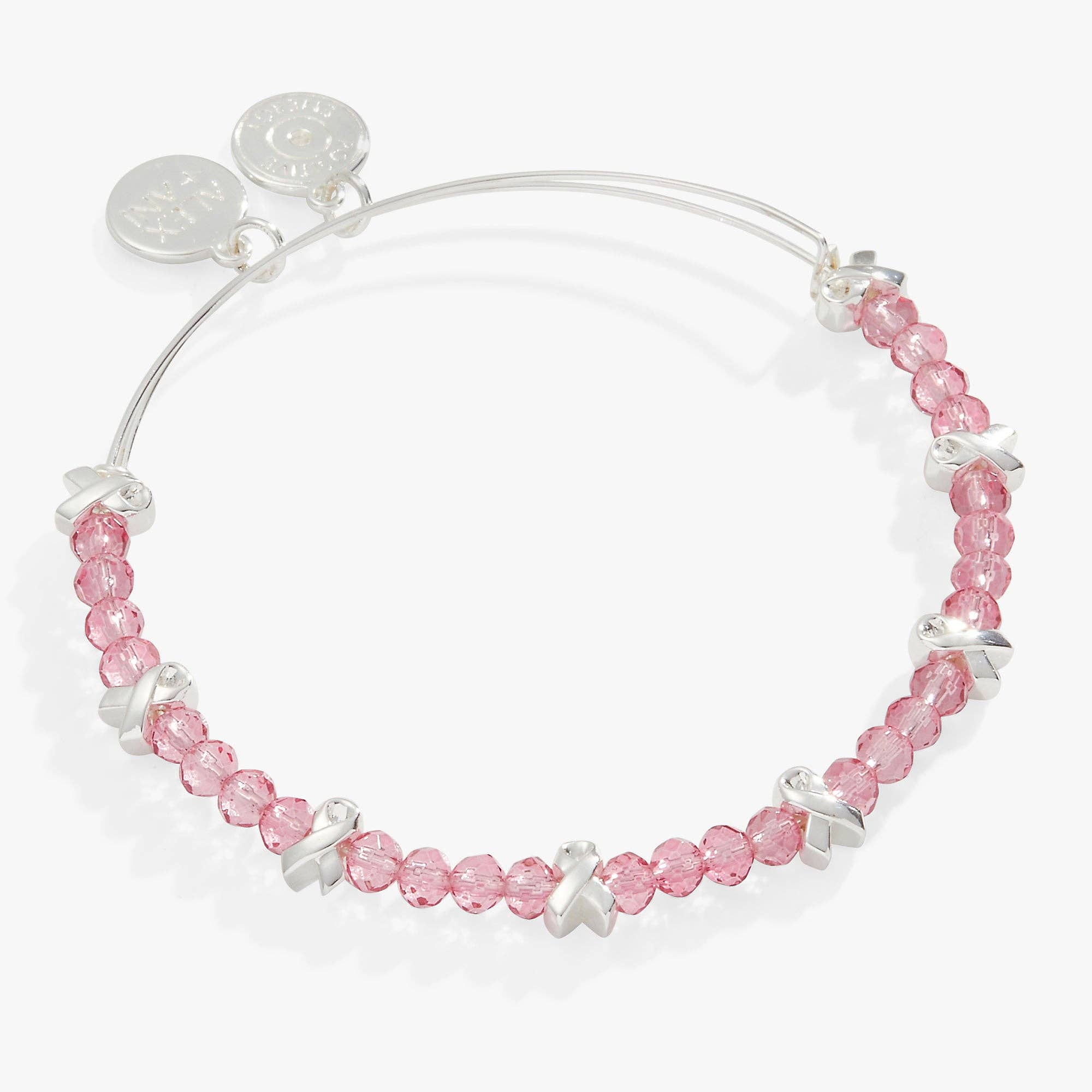 Breast Cancer Awareness Pink Ribbon Bangle: Silver