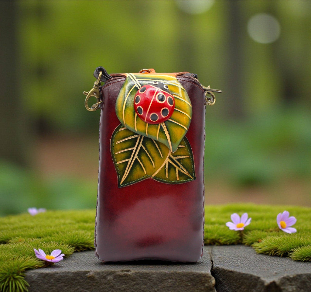 Ladybug on Leaf Handmade Leather Cell Phone Case