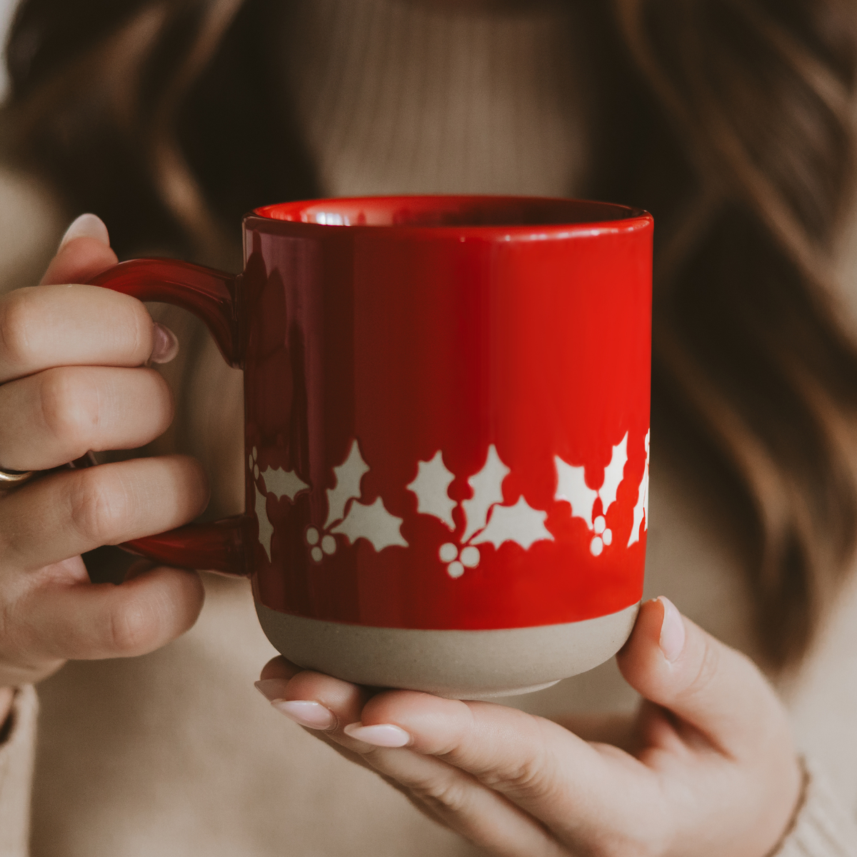 Red Holly Stoneware Coffee Mug - Christmas Decor