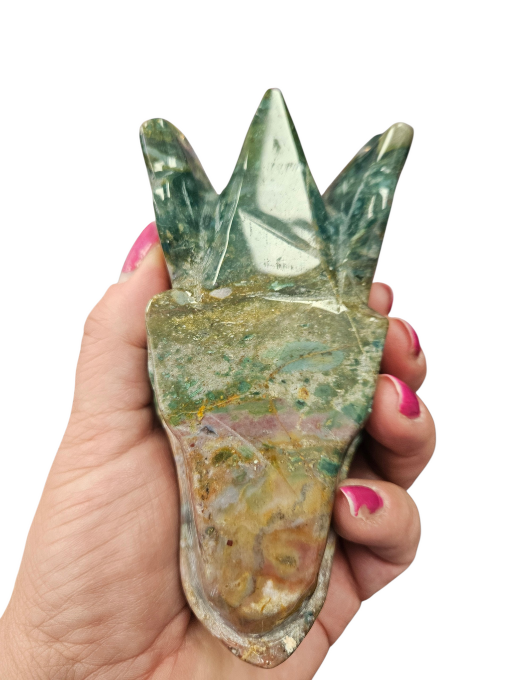 1.63lbs Ocean Jasper Hand-Carved Dragon Head:  is mined from a single, remote location in Madagascar and can only be accessed at low tide