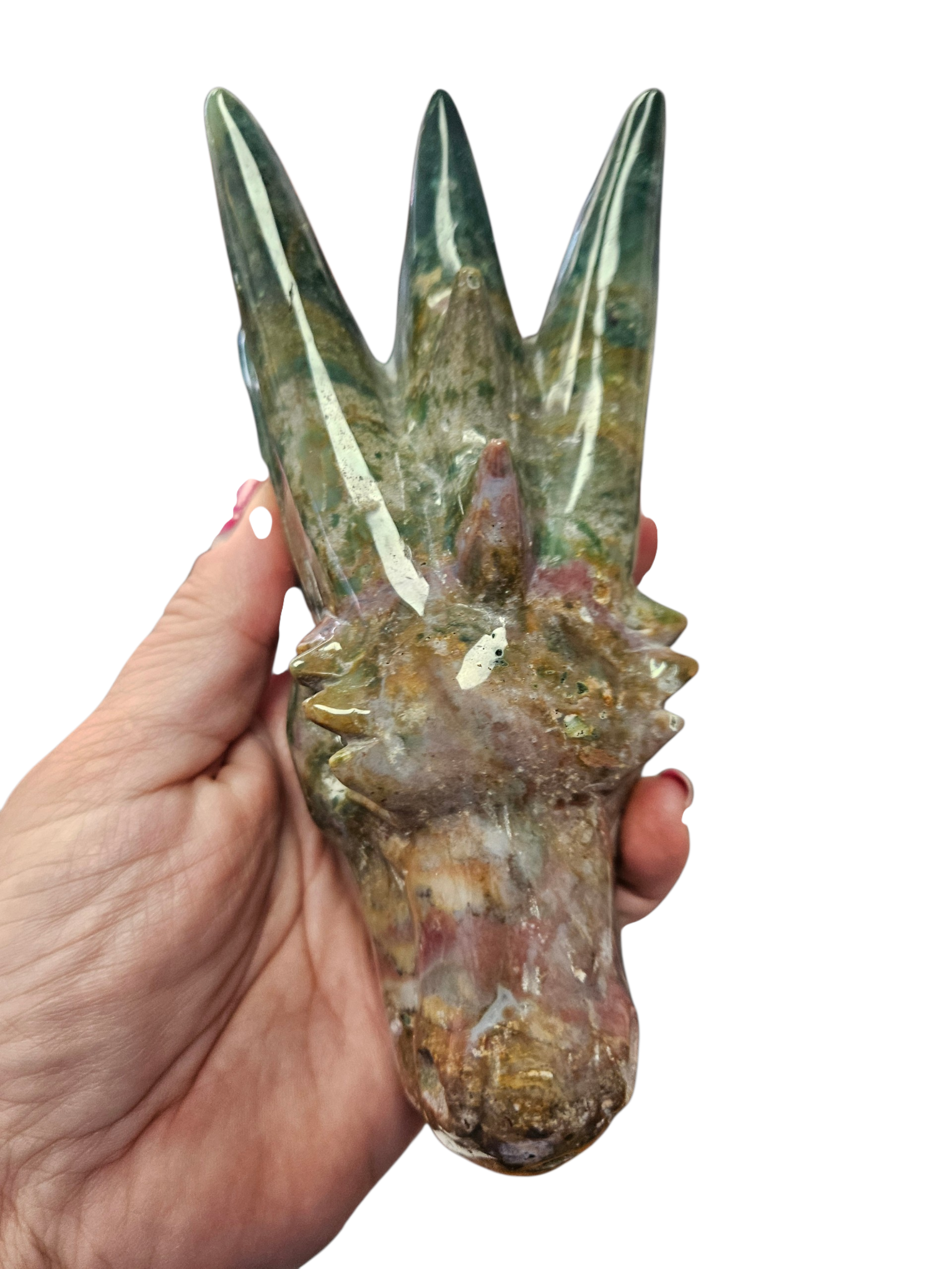 1.63lbs Ocean Jasper Hand-Carved Dragon Head:  is mined from a single, remote location in Madagascar and can only be accessed at low tide