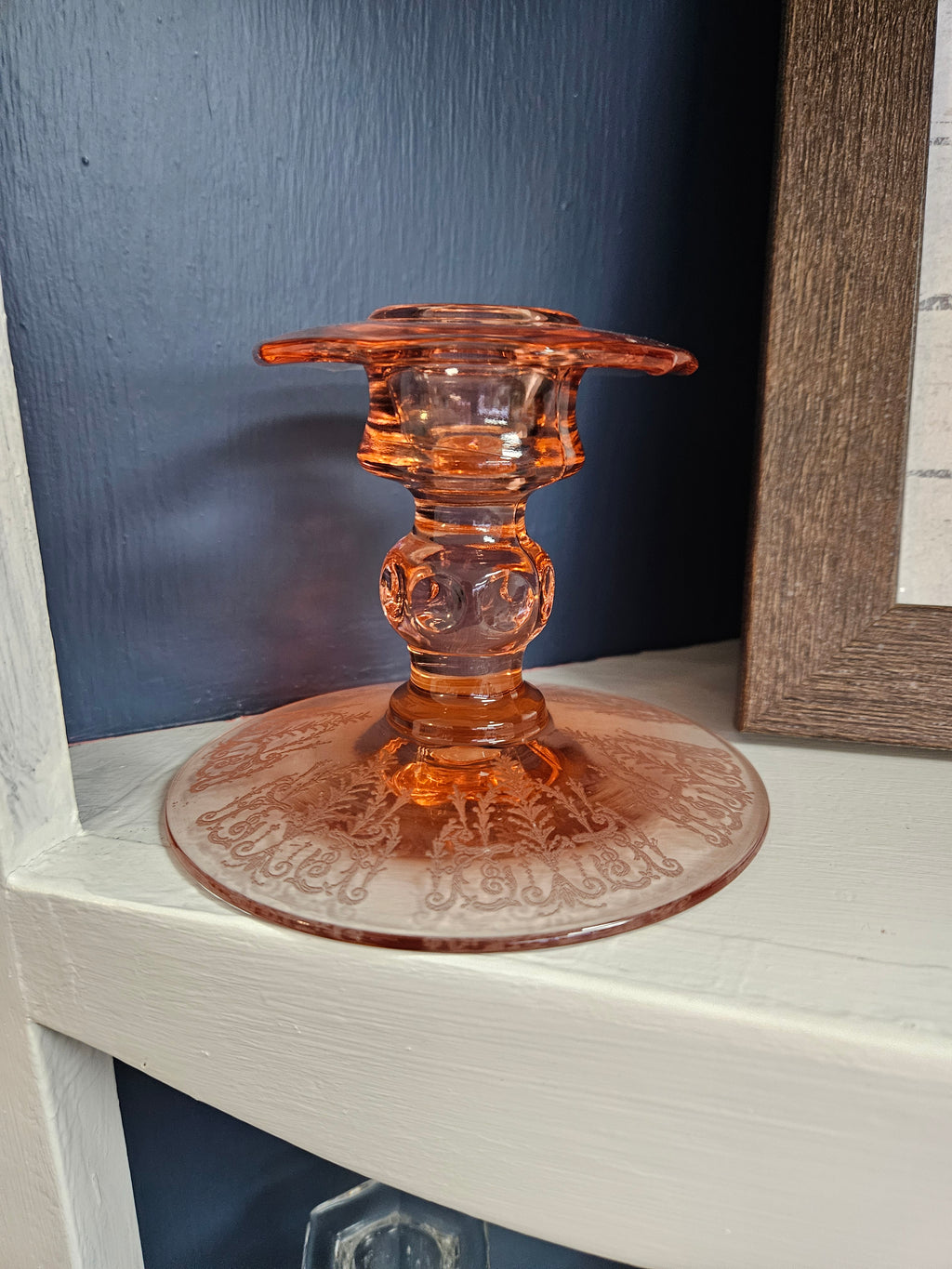 Candle Sticks Cambridge Cleo Etched Peach-Bio Pink Antique Depression Era