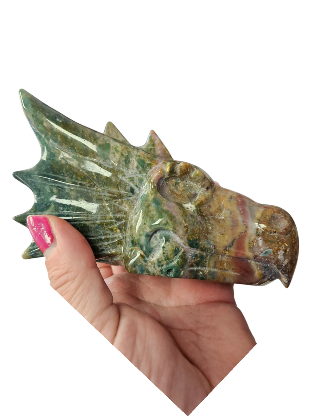 1.63lbs Ocean Jasper Hand-Carved Dragon Head:  is mined from a single, remote location in Madagascar and can only be accessed at low tide