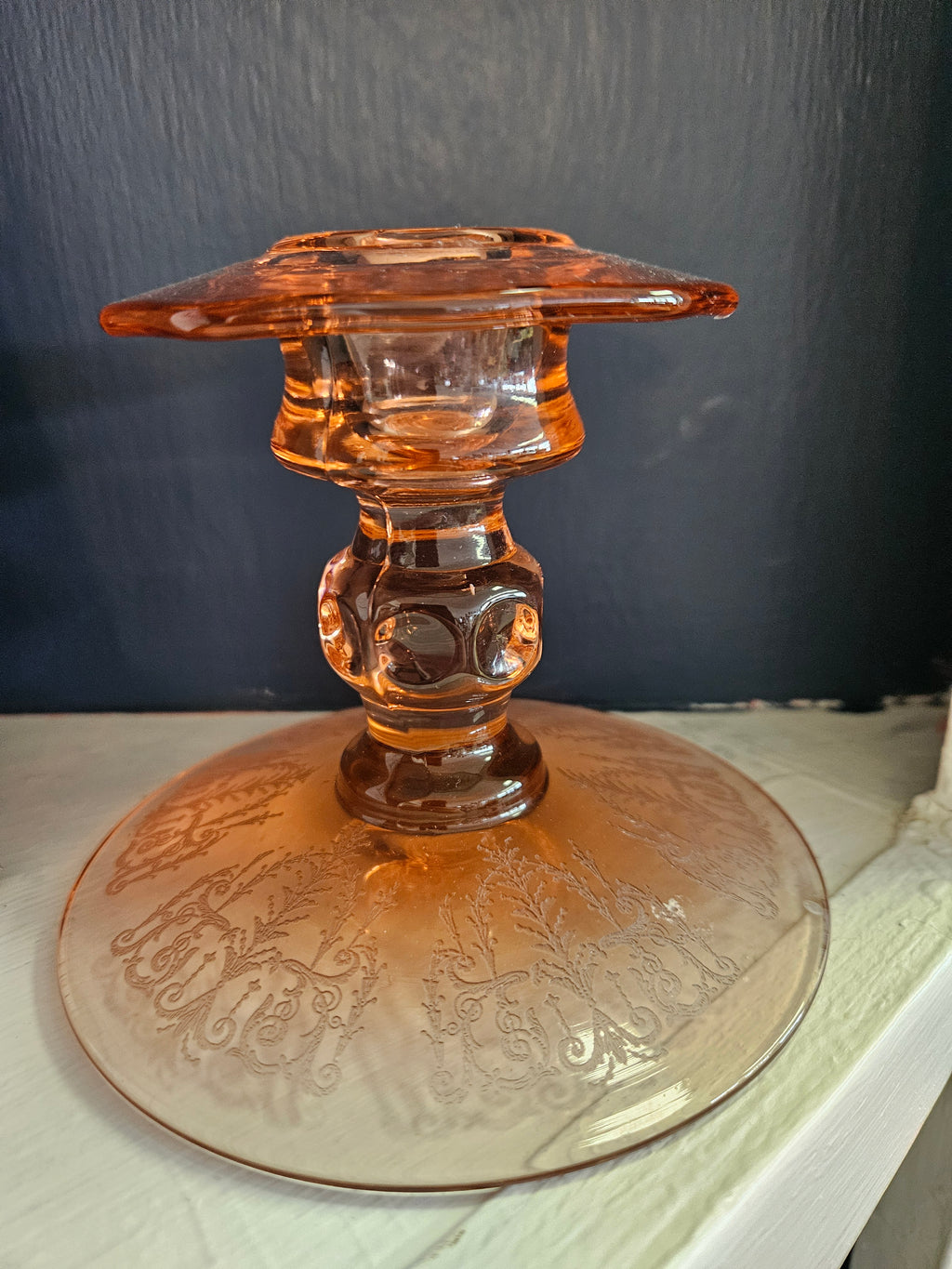 Candle Sticks Cambridge Cleo Etched Peach-Bio Pink Antique Depression Era