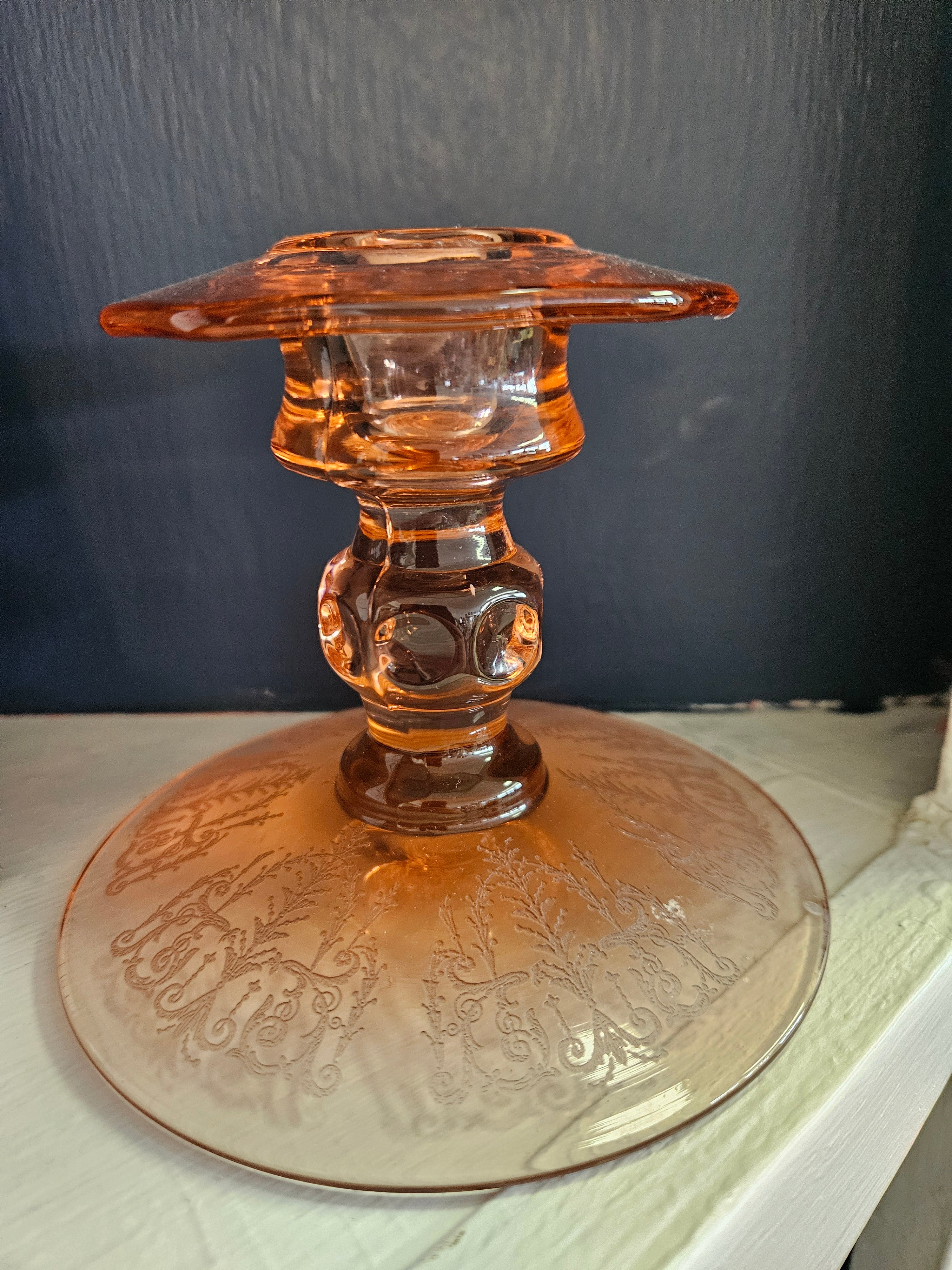 Candle Sticks Cambridge Cleo Etched Peach-Bio Pink Antique Depression Era