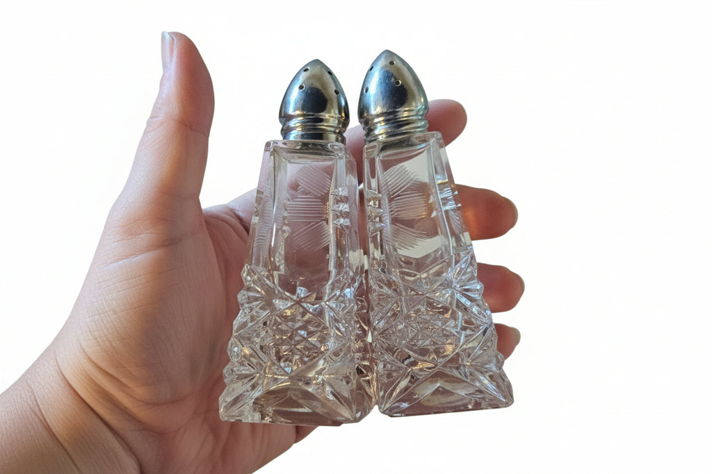Vintage Hand-Cut Lead Crystal Western Germany Salt/Pep American Cut Crystal Co Importer Set (2 Sets Available)