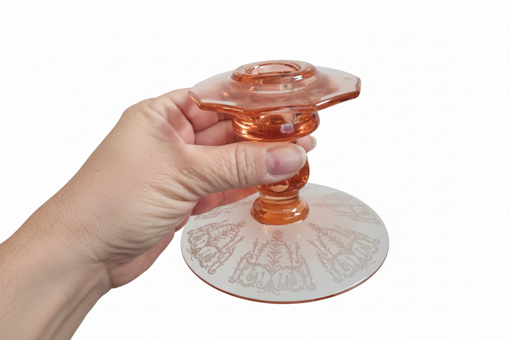 Candle Sticks Cambridge Cleo Etched Peach-Bio Pink Antique Depression Era