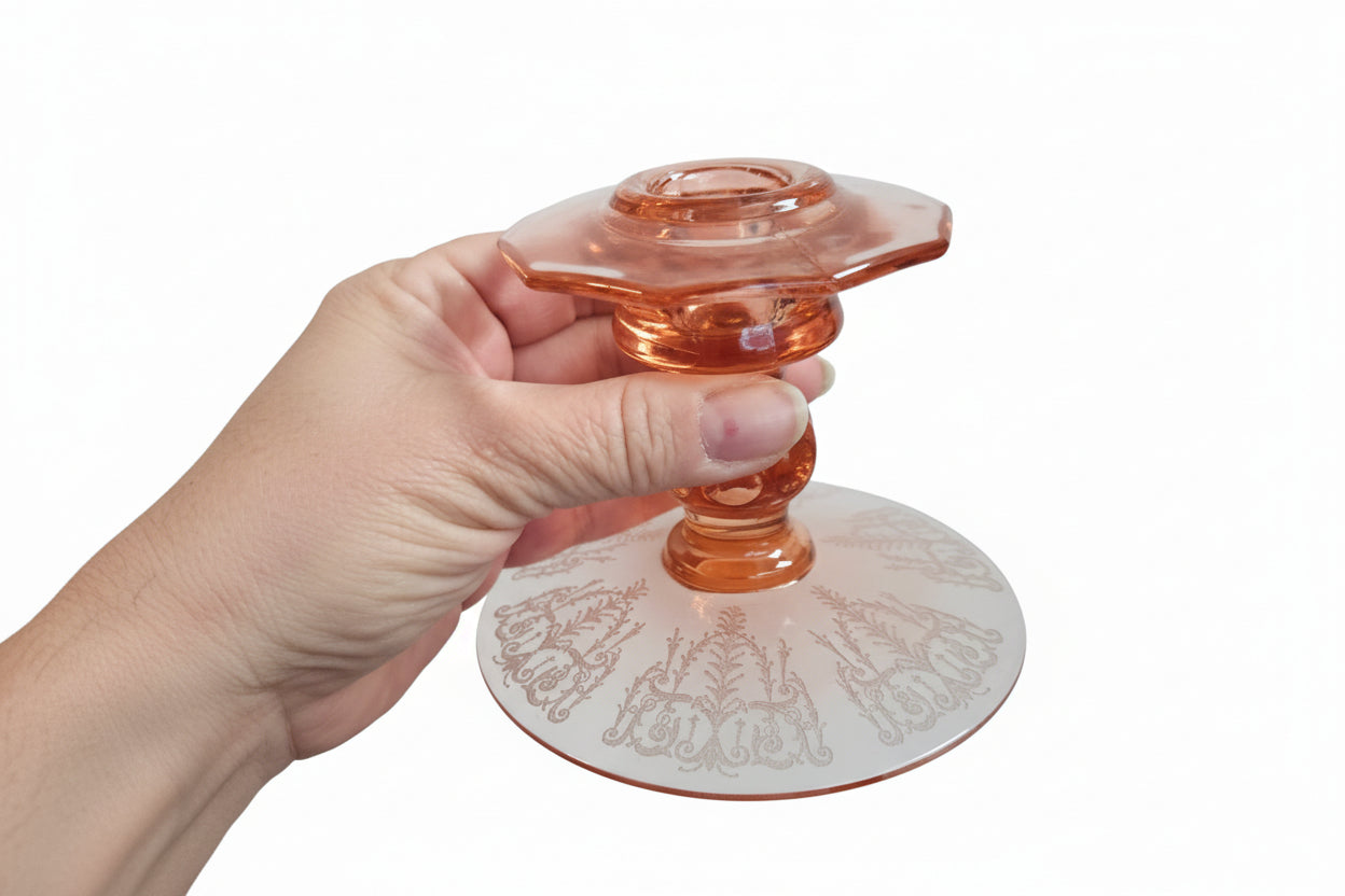 Candle Sticks Cambridge Cleo Etched Peach-Bio Pink Antique Depression Era