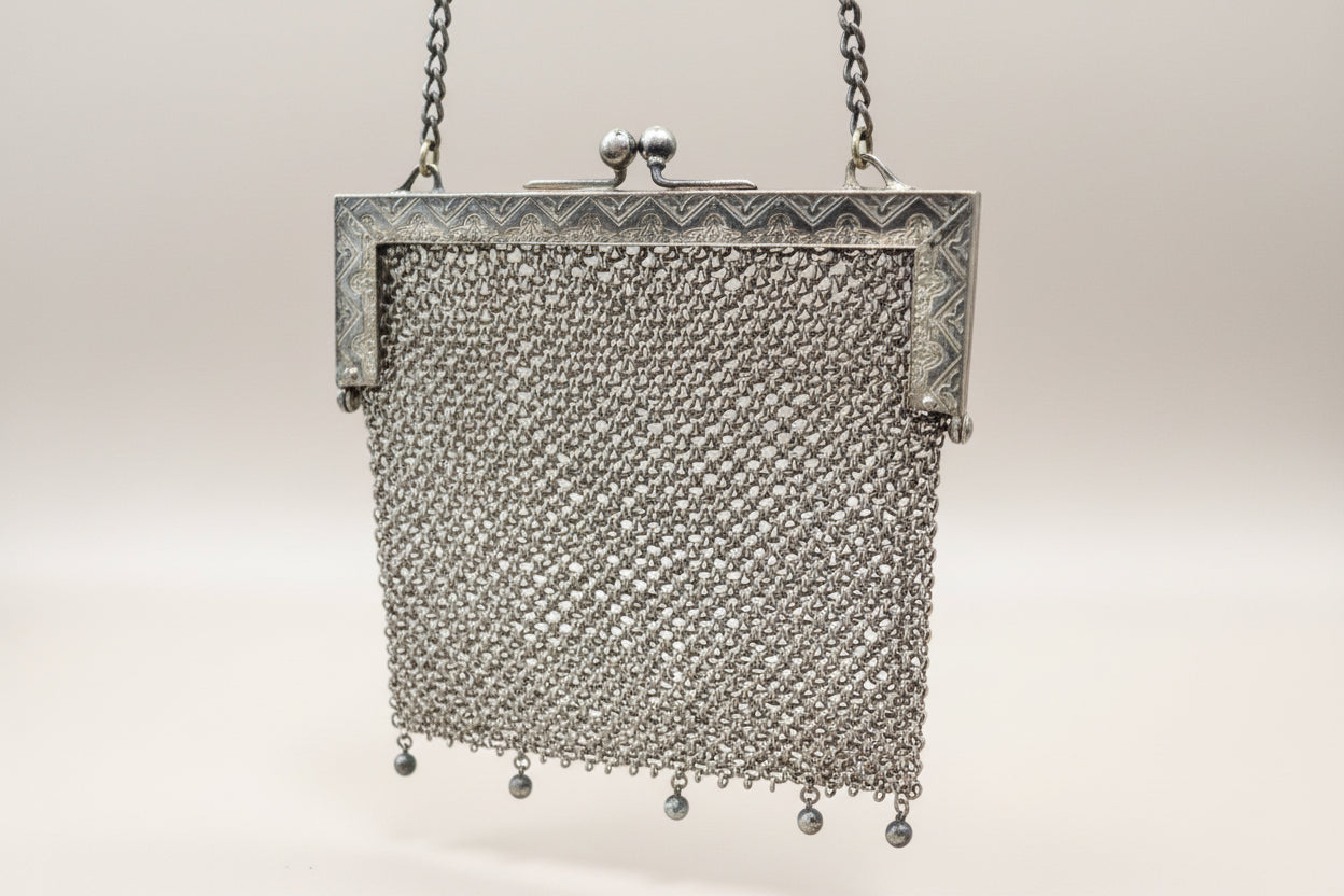 Antique Metal Mesh Purse Stamped German Silver Late 19th-Early 20th Century Art Nouveau/Art Deco