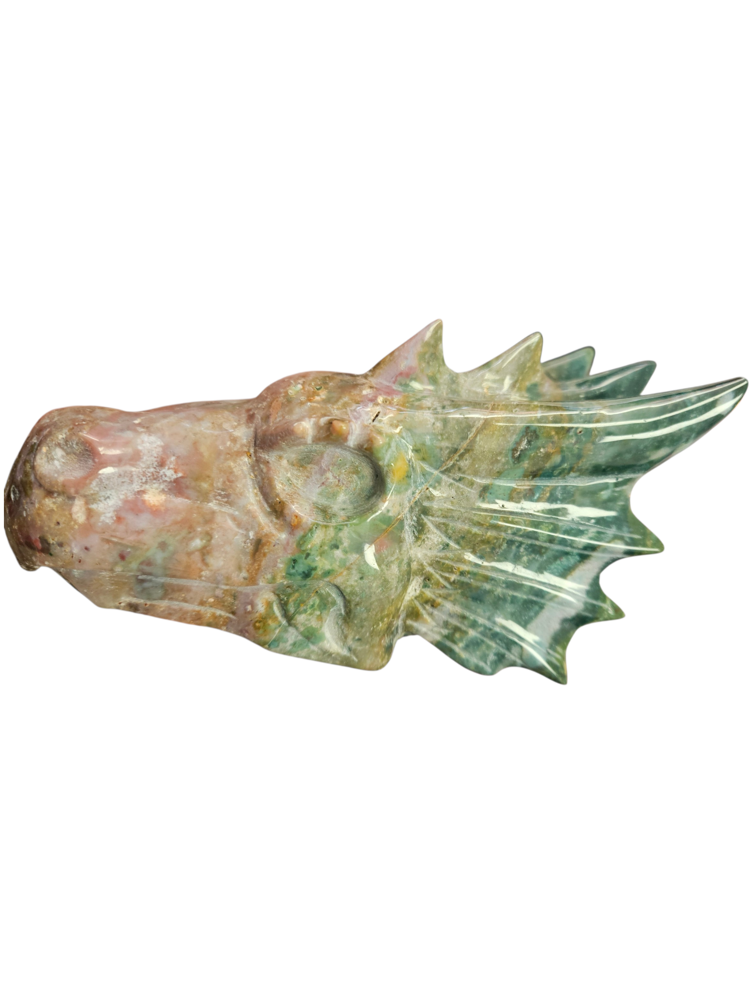 1.63lbs Ocean Jasper Hand-Carved Dragon Head:  is mined from a single, remote location in Madagascar and can only be accessed at low tide