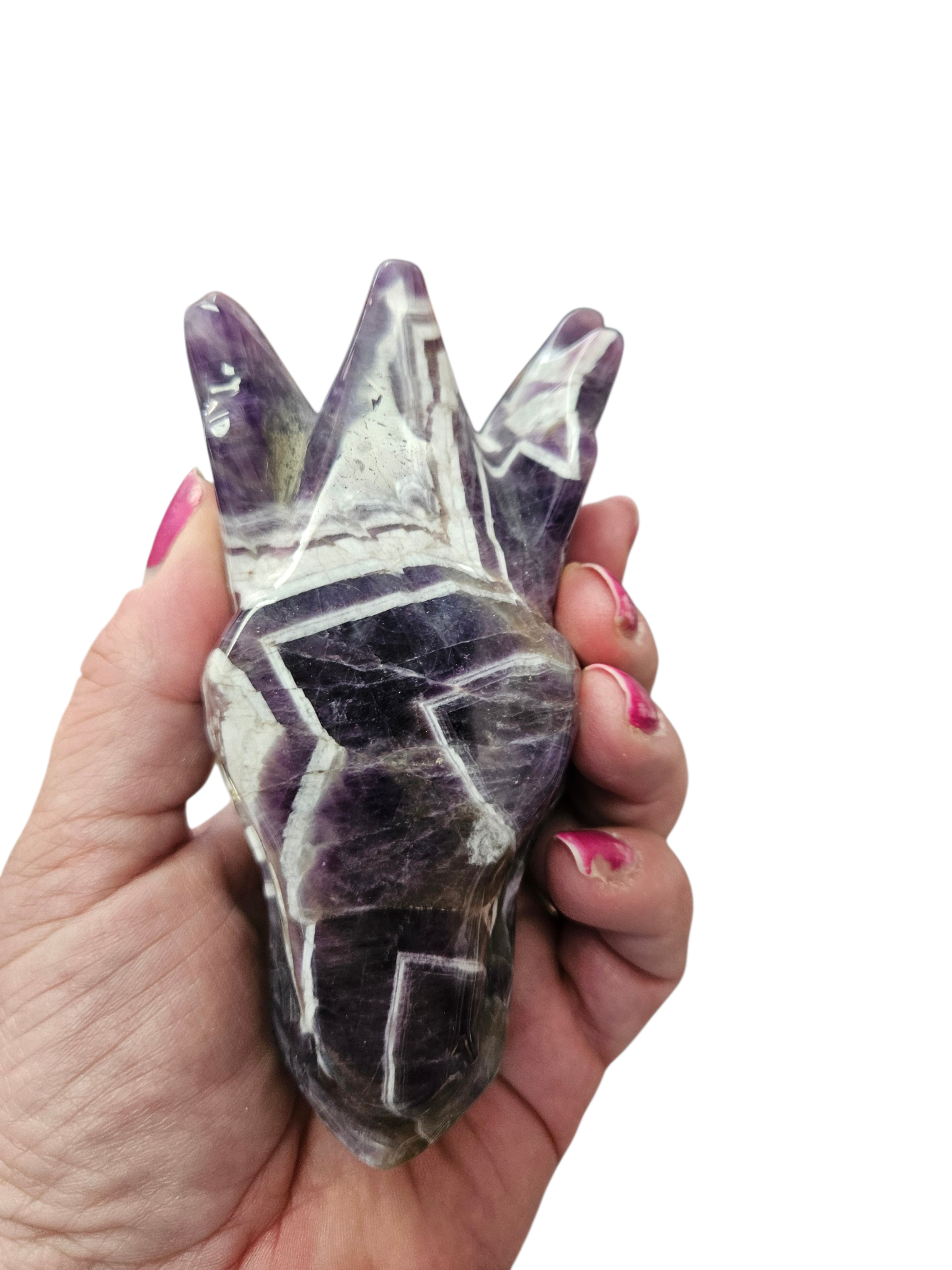 Hand-carved from a solid 1.22lb block of Dream Chevron Amethyst, this statement piece is a masterclass in nature's artistry.