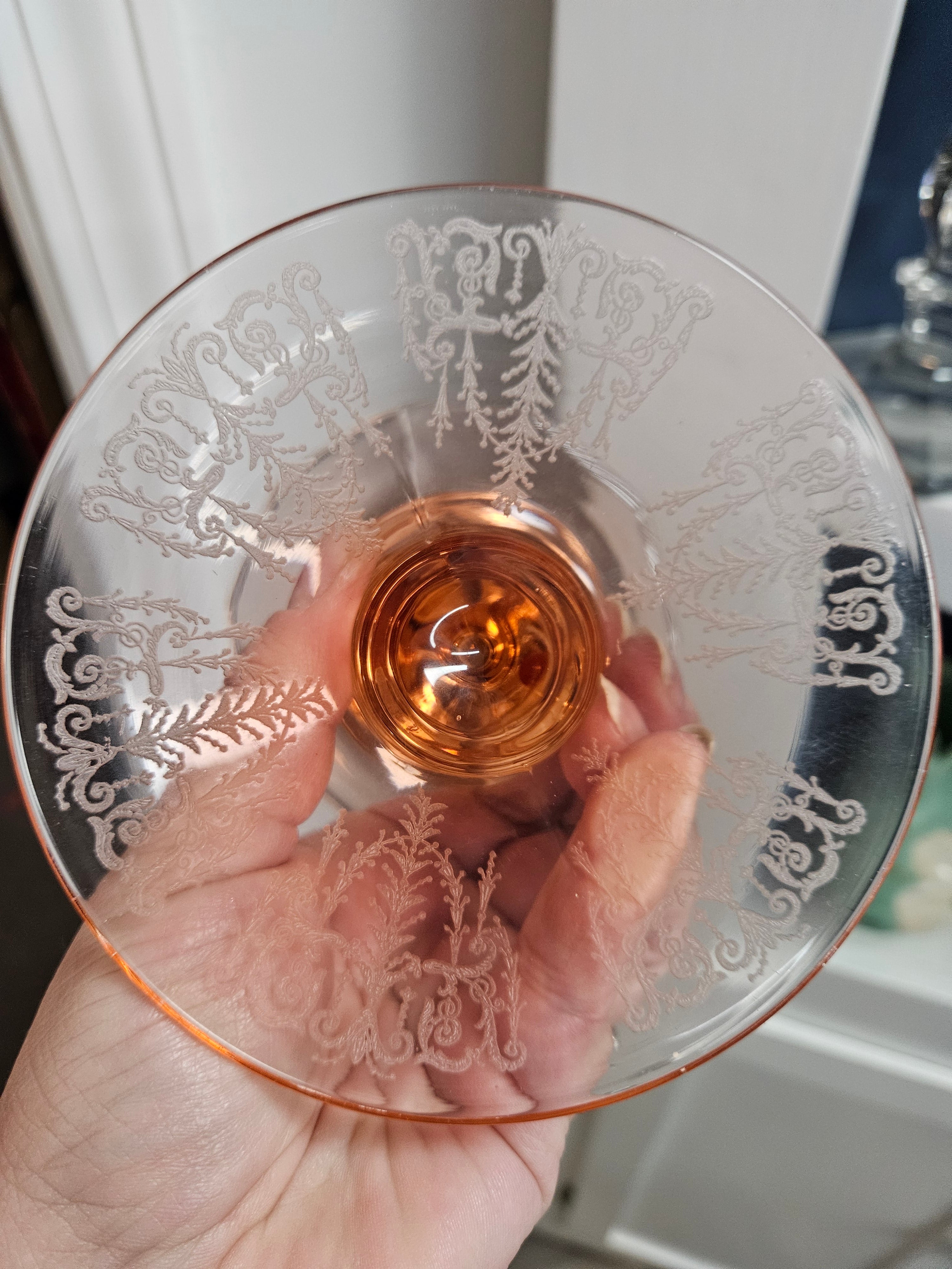 Candle Sticks Cambridge Cleo Etched Peach-Bio Pink Antique Depression Era