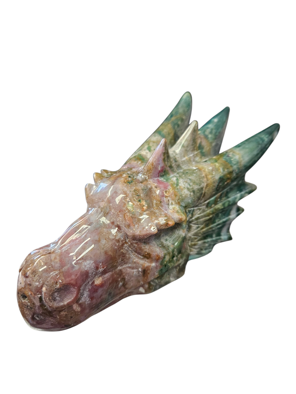 1.63lbs Ocean Jasper Hand-Carved Dragon Head:  is mined from a single, remote location in Madagascar and can only be accessed at low tide
