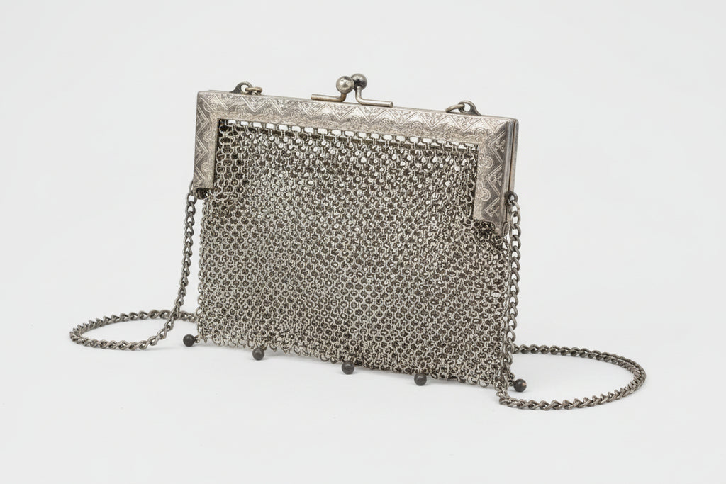 Antique Metal Mesh Purse Stamped German Silver Late 19th-Early 20th Century Art Nouveau/Art Deco